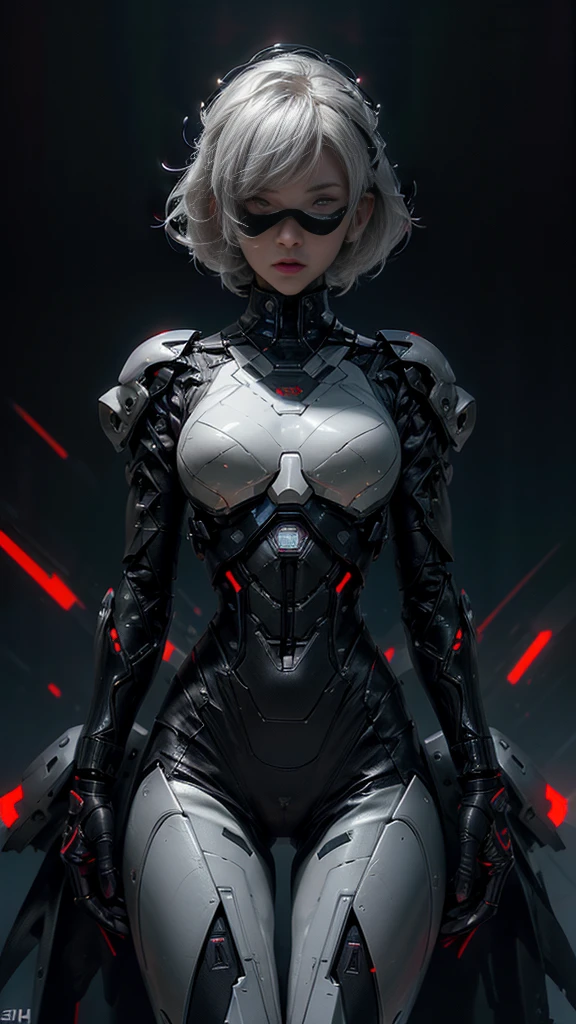 A digital illustration of a futuristic white mecha, (futuristic high-tech style),short hair ,bob hairstyle, white hair, (full body length), (super cuteness), (super beautiful face), 32k UHD, C4D style, octane render, sharp focus, complex details, perfect details, highest resolution, Show shoes, 1 girl, solo, RAW, photo realistic, CG game artstyle, wearing futuristic armor and helmet, The background is a dark grey with neon red accents, creating an eerie atmosphere, The art style is inspired in the style of GG game artstyle, with a high contrast between light and shadow and futuristic elements. It is a digital art piece with a dark fantasy theme, vibrant colors, and sharp details.