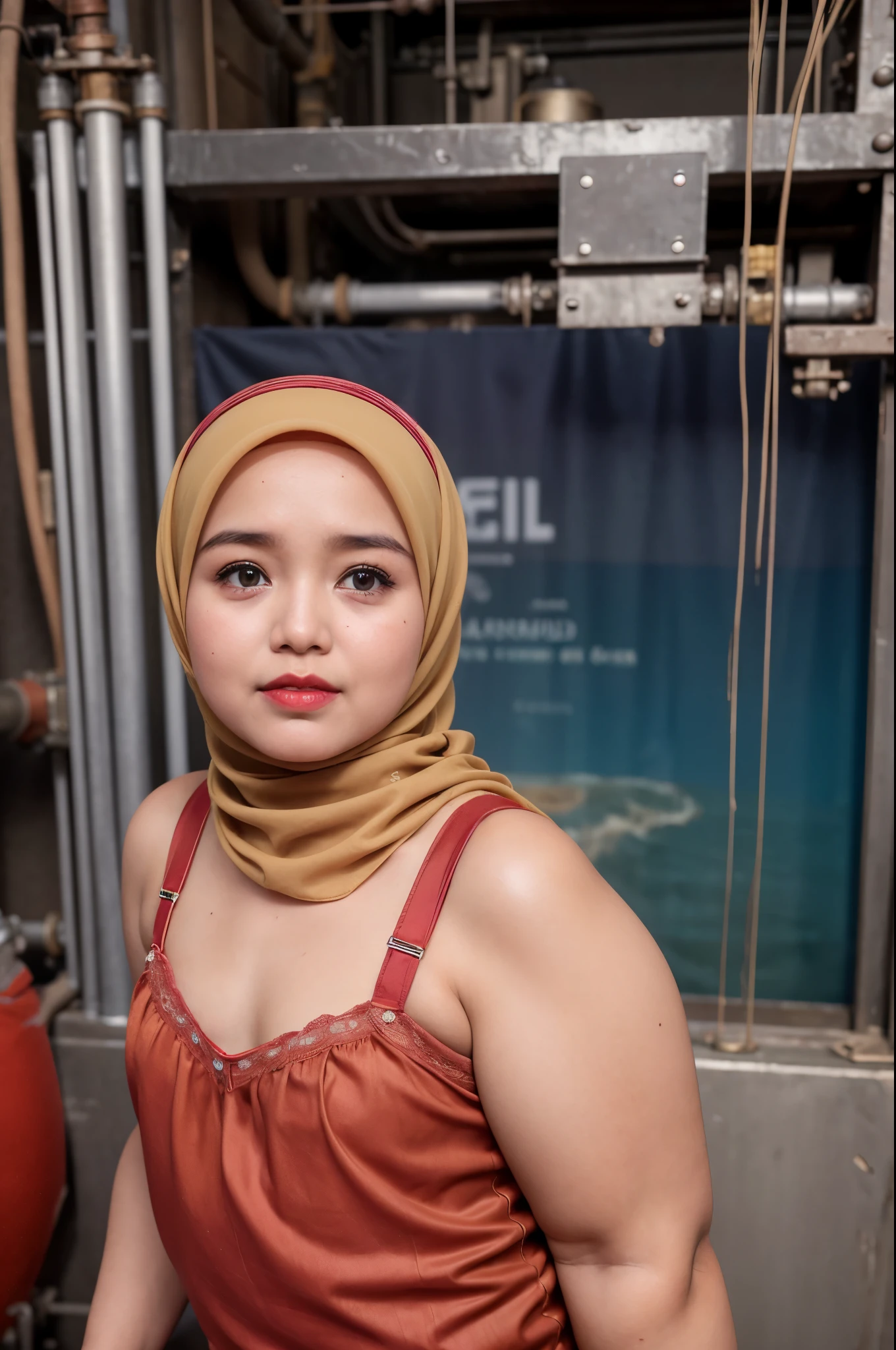 (Wearing Lingerie Top Suspender), (((HIJAB MALAY GIRL))), masutepiece, High quality, UHD 32K, Realistic face, Realistic skin feeling , A Japanese Lady, 8 years old, , Very cute and baby-like face, (((FLAT CHEST))), (MATRIX WORLD), ((look In front  at the camera and SADNESS)), (((CUTE GIRL))), ((RED LIPS)), ((CHUBBY)), (undress, work welding iron on the oil rig , oil rig in the middle of the ocean 