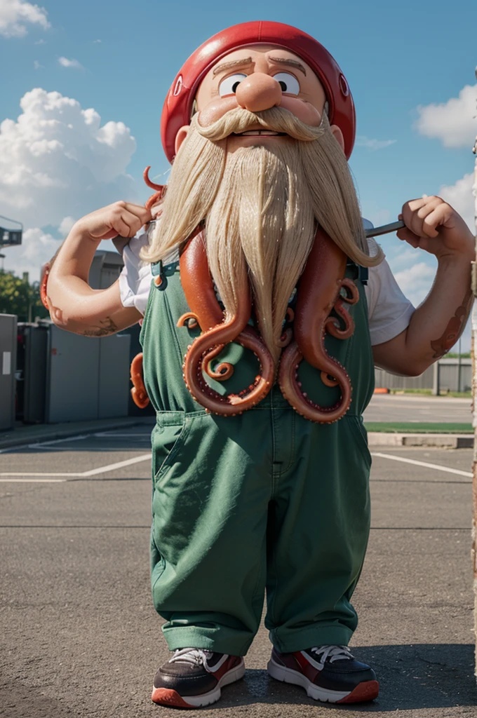 Animated character for corporate mascot, a man who waterproofs roofs with green overalls and red shoes who has a white beard in the shape of octopus tentacles