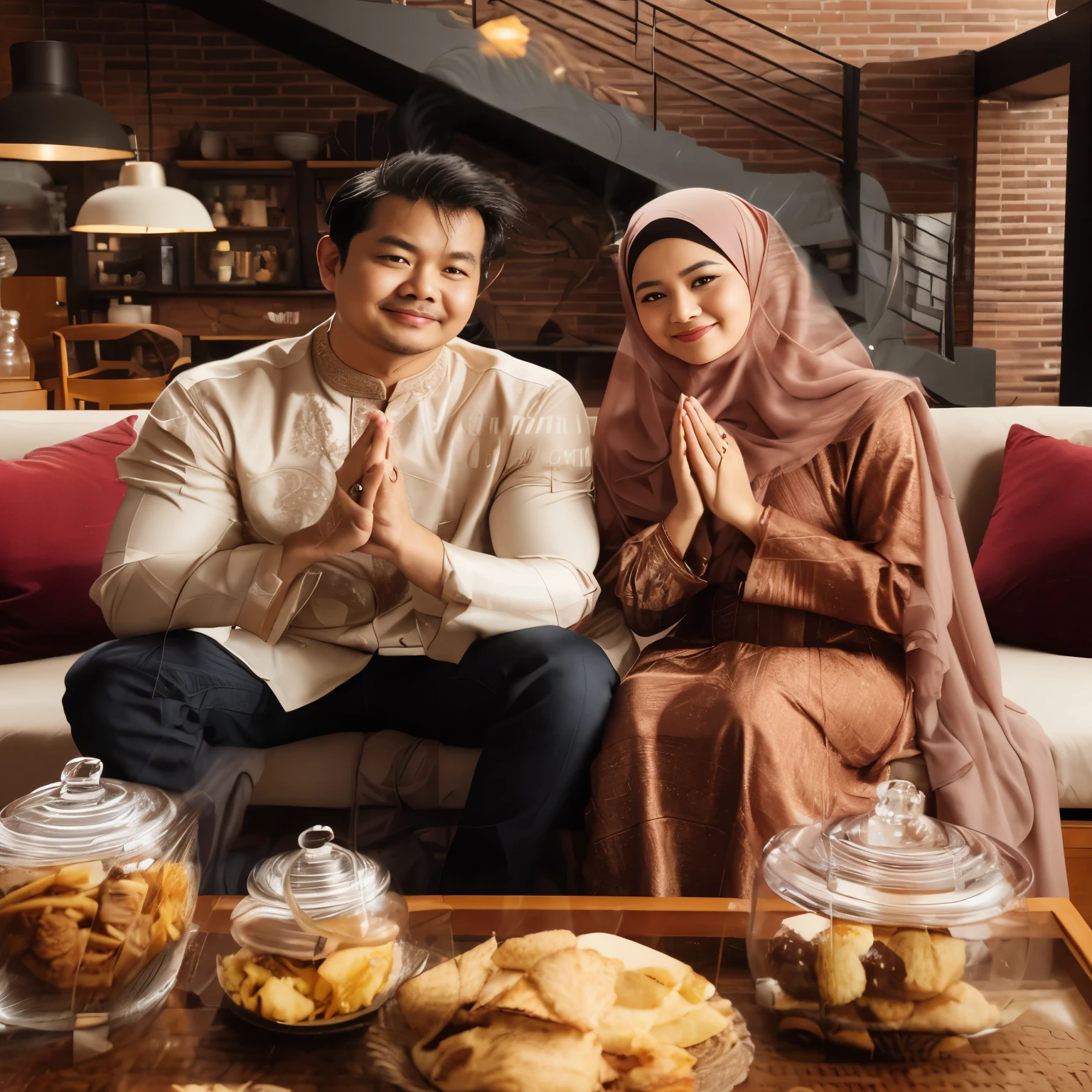 there are two people sitting on a couch with food on the table, lovely couple, couple, happy couple, couple pose, portrait shot, muslim, by Basuki Abdullah, backdrop, mid shot portrait, sleek hands, malaysian, smooth in _ the background, a handsome, inspired by Basuki Abdullah, inspiring, shot with canon eoa 6 d mark ii, shutterstock