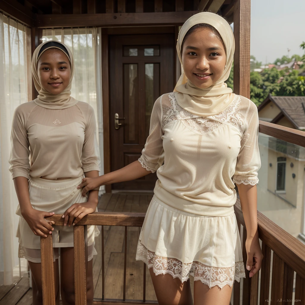 A  Indonesian woman in cream color hijab, wearing cream color lace tight t-shirt, wearing very short see-through cream color lace skirt, skirtlift, villager, poor woman, darker skin, curvier body, short body, smiling and standing on a wooden house balcony, look to the viewer with eye close