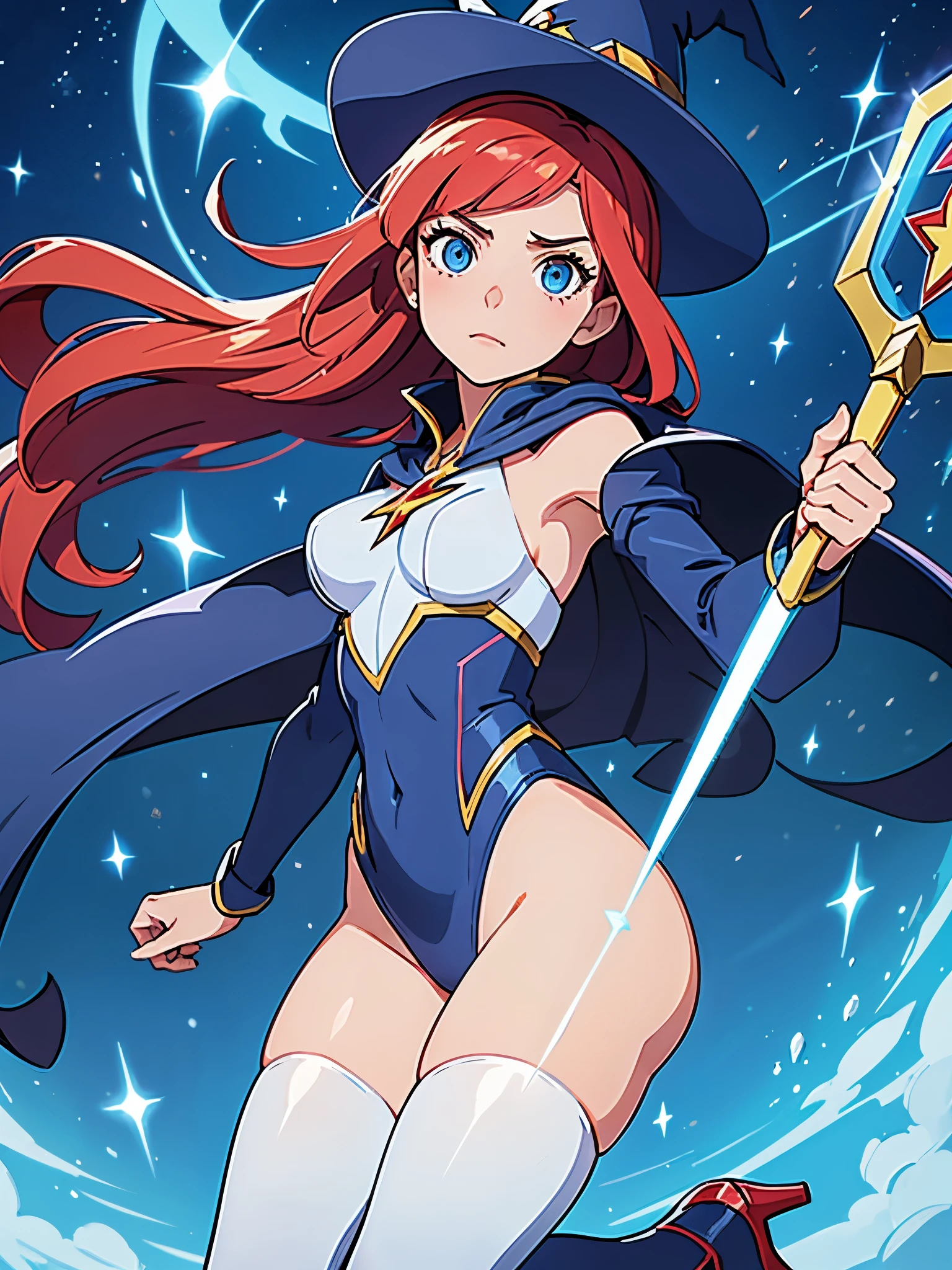 a cartoon of a woman dressed in a superhero costume holding a wand, witch academia, superhero sorceress witch, glamorous angewoman digimon, sky witch, by Aguri Uchida, maya ali as a lightning mage, leotard, blue leotard with white accent, bare legs, blue thigh-highs, red high heels, witch hat, red hair, long hair, blue eyes, beautiful detailed eyes, beautiful detailed face, cute face, medium breasts, age 16-18, solo, solo focus, wonder, concept art!!