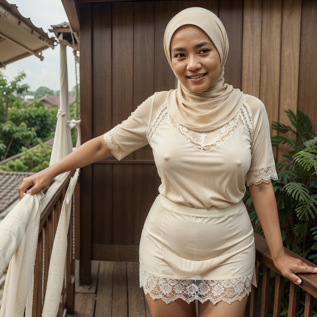 A 52 years old Indonesian woman in cream color hijab, wearing cream color lace tight t-shirt, wearing very short  cream color lace skirt, skirtlift, villager, poor woman, darker skin, curvier body, short body, smiling and standing on a wooden house balcony, look to the viewer with eye close