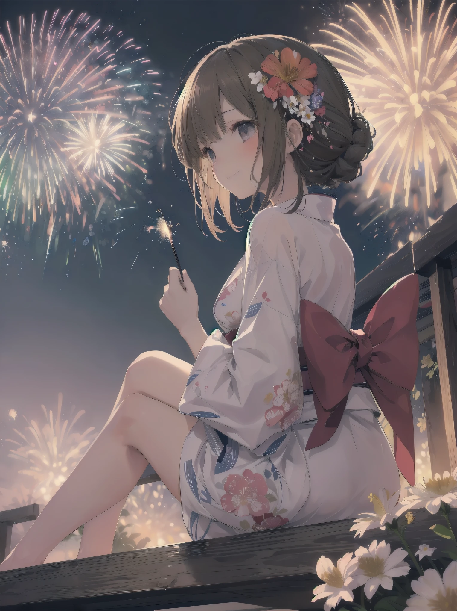 (((Best quality))), (((Ultra detailed))), 1 girl, bedhead, cute, brown hair, braid hair, (festival, night, fireworks), yukata, viewing from below, viewing from side, looking away, smiling, blush, beautiful detailed hair, beautiful detailed skin, beautiful detailed light, shade, ((looking away, viewing from below)), ((looking up)), summer, sunshine (((fireworks, flowers, fire))), ((sitting)), full body, small breasts, 