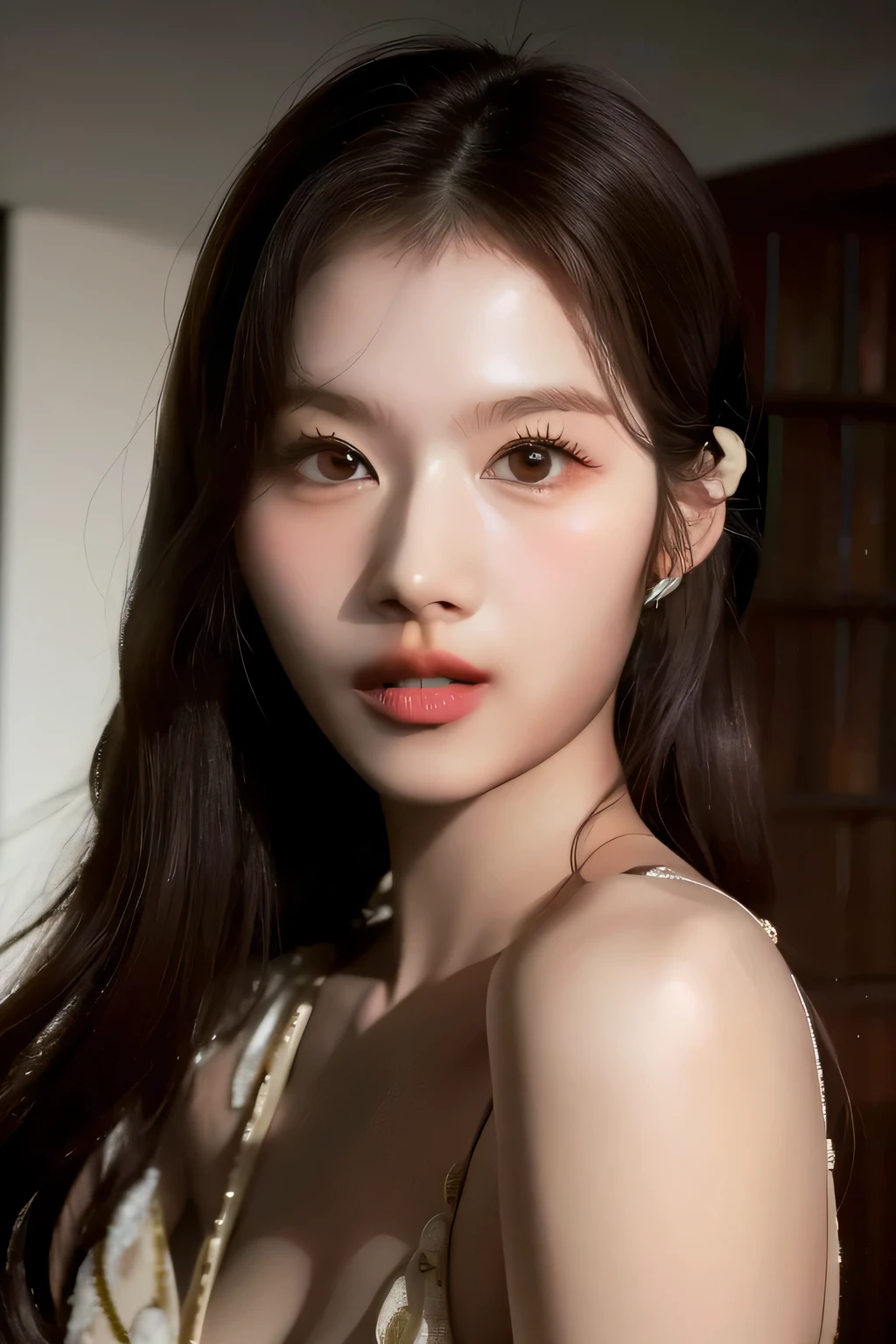 un primer plano de una mujer con cabello largo y vestido blanco, hermosa joven coreana, hermosa mujer surcoreana, hermosa joven coreana, joven y adorable rostro coreano, maquillaje coreano popular, maquillaje popular de corea del sur, jennie rosa negro, Jaeyeon Nam, muchacha coreana, Minatozaki Sana, Sana, hermoso rostro estetico, heonhwa choe,  Face Korean, Korean Woman, Korean Fem, K-pop group, K-pop Twice, Twice, Sana, Sana Face, Sana Twice, Minatozaki sana, Sana k-pop