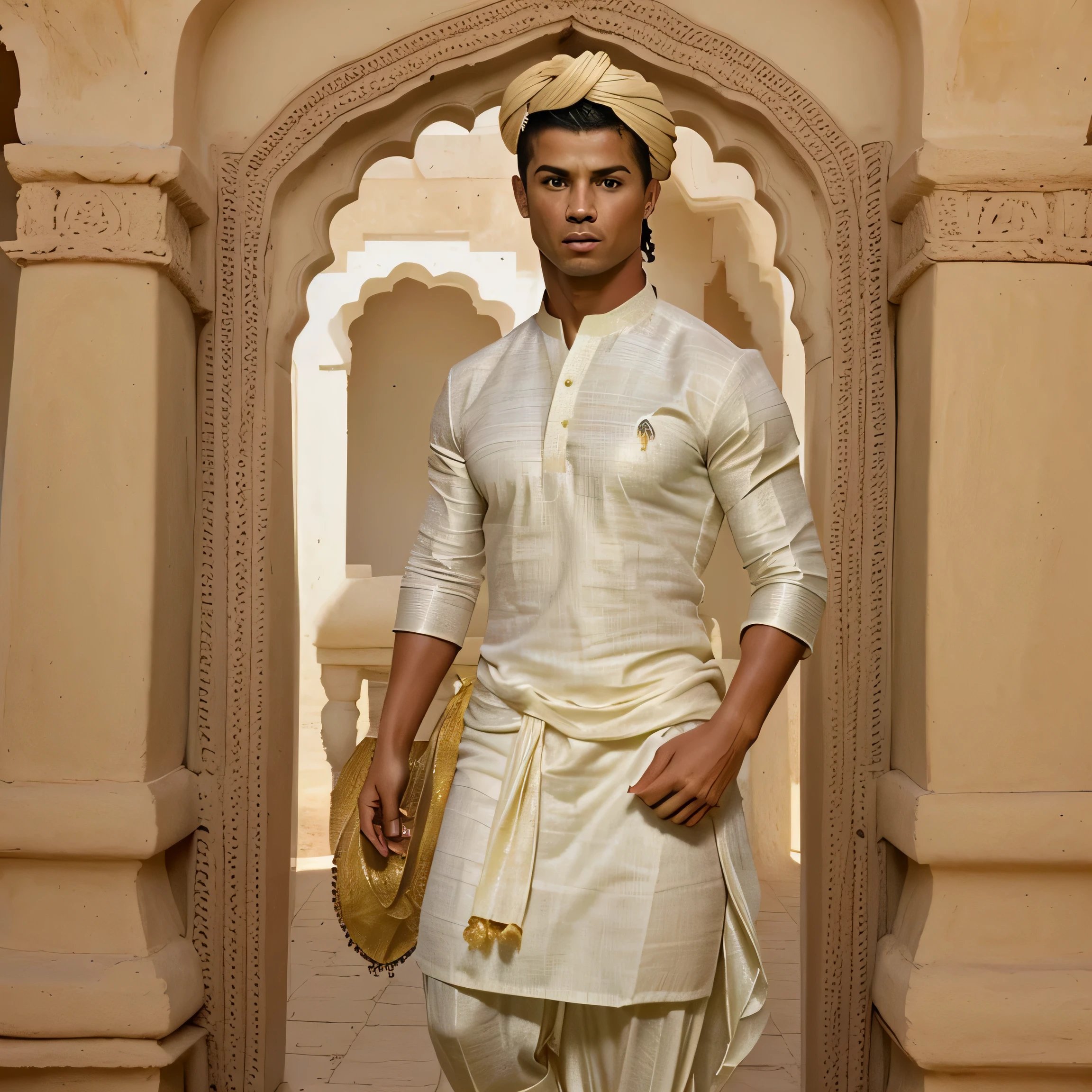 Create a picture of Cristiano Ronaldo in Rajasthani dhoti kurta dress