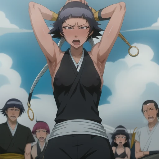 ( Animation screenshots:1.1),outdoor, Nipples exposed, 1 woman, alone, black hair, side breasts,eternal, short hair with long locks, japanese clothing, - Hip vents, no underwear,short hair, small breasts, (white eyes:1.1),No eyeballs, Also available in black, no headgear,low double braids,facing the audience, looking at the audience, tired, from below, (露armpit:1.1), ((armpit:1.2)), Sexy, Sweat dripping, More and more sweat,(ahegao), (Roll your eyes), naughty face, blush, open mouth, Sticking out tongue, saliva, Slobber,Runny nose,skinny, raise arms, (arms above head:1.5)