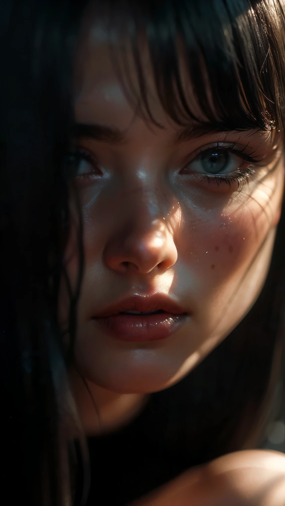 (((ultra realistic))) Photo, masterpiece, top quality, (pale skin), (Ultra detailed face and eyes:1.3), 1 girl, naked, (Eye makeup, mascara) , (large detailed lips), ((Dark hair)), ((double bangs)) , (Natural breasts). ((Posing)), photoshoot, studio (Contour lighting), (The play of light and shadows), depth of field, bokeh, (special attention to skin detail: 1.2), Detailed leather texture, skin pores. (Dark and gloomy atmosphere of the frame. color scheme - black, Gray, ash tones), ((Film grain, VHS effect)), ((rays)) , ((flare)), ((close to the camera, radial background blur)) , ultra detialed, 