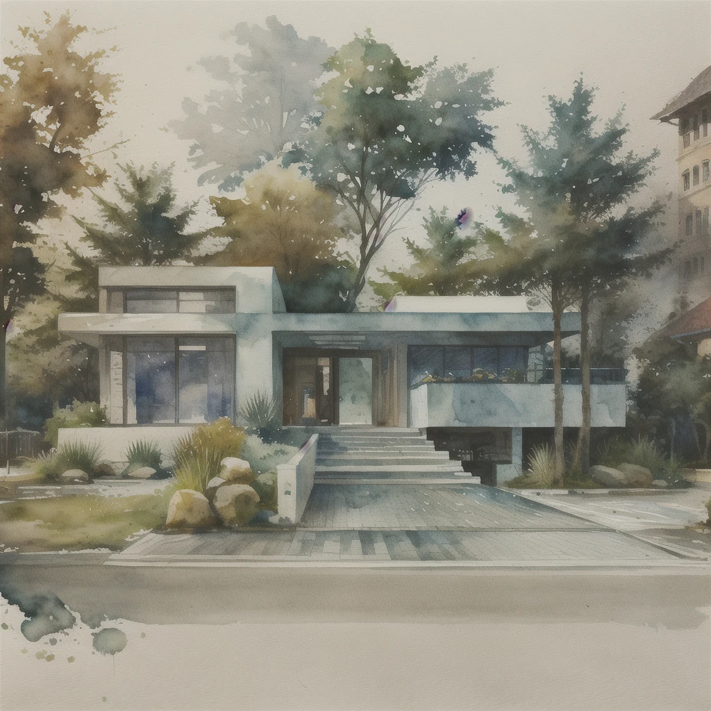 miaobishenghua , ArchiZHS, architecture building, many trees, street, people, car, watercolor style