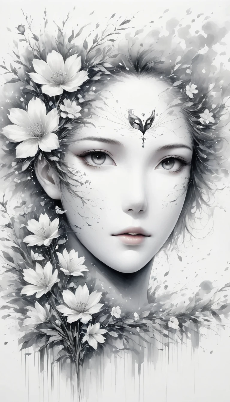 (Anime line drawing:1.5),(black and white painting:1.45),Minimalism,(line art:1.6),sketch,Charcoal drawing,mask,flower,Illustration in surreal art style,surreal dream,Dubrec style,(multiple exposure:1.8),Dreams of happiness,