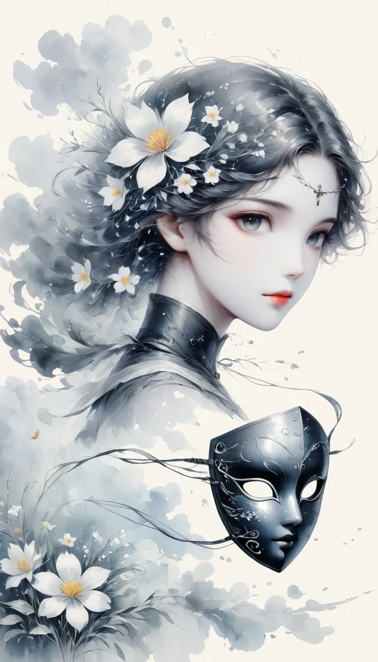 (Anime line drawing:1.5),(black and white painting:1.45),Minimalism,(line art:1.6),sketch,Charcoal drawing,mask,flower,Illustration in surreal art style,surreal dream,Dubrec style,(multiple exposure:1.8),Dreams of happiness,