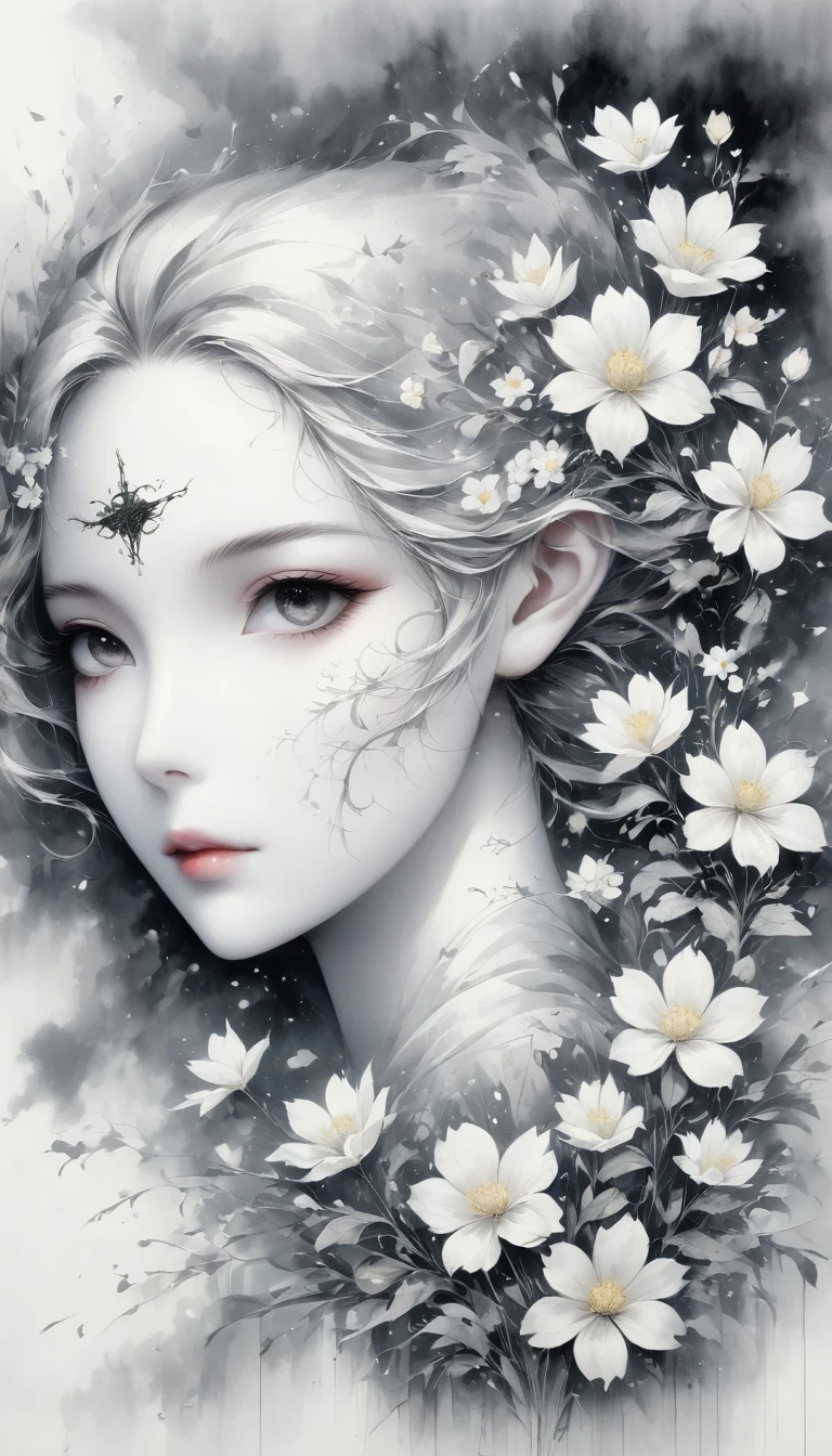 (Anime line drawing:1.5),(black and white painting:1.45),Minimalism,(line art:1.6),sketch,Charcoal drawing,mask,flower,Illustration in surreal art style,surreal dream,Dubrec style,(multiple exposure:1.8),Dreams of happiness,