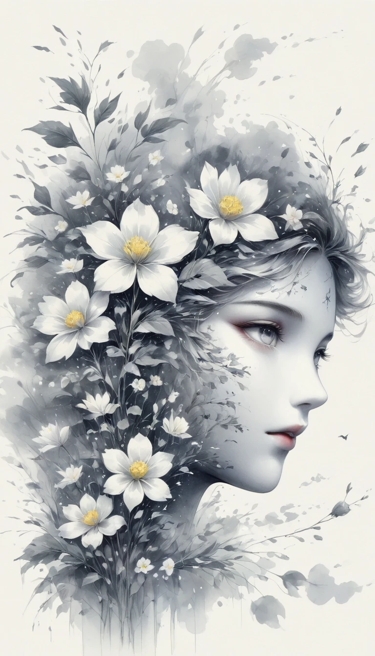 (Anime line drawing:1.5),(black and white painting:1.45),Minimalism,(line art:1.6),sketch,Charcoal drawing,mask,flower,Illustration in surreal art style,surreal dream,Dubrec style,(multiple exposure:1.8),Dreams of happiness,