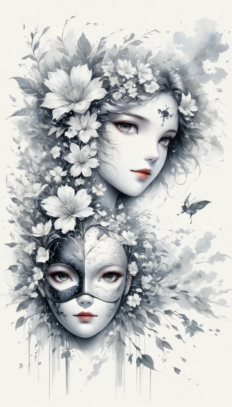 (Anime line drawing:1.5),(black and white painting:1.45),Minimalism,(line art:1.6),sketch,Charcoal drawing,mask,flower,Illustration in surreal art style,surreal dream,Dubrec style,(multiple exposure:1.8),Dreams of happiness,