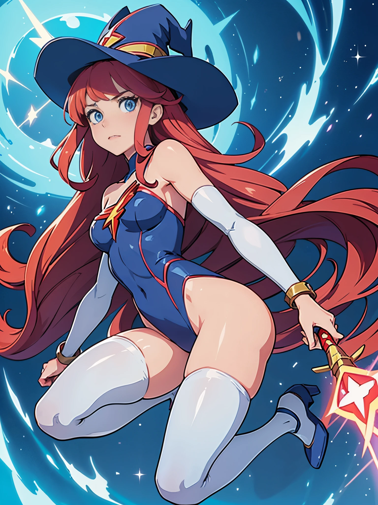 a cartoon of a woman dressed in a superhero costume holding a wand, witch academia, superhero sorceress witch, glamorous angewoman digimon, sky witch, by Aguri Uchida, maya ali as a lightning mage, leotard, blue leotard with white accent, bare legs, blue thigh-highs, red high heels, witch hat, red hair, long hair, blue eyes, beautiful detailed eyes, beautiful detailed face, cute face, medium breasts, age 16-18, solo, solo focus, wonder, concept art!!