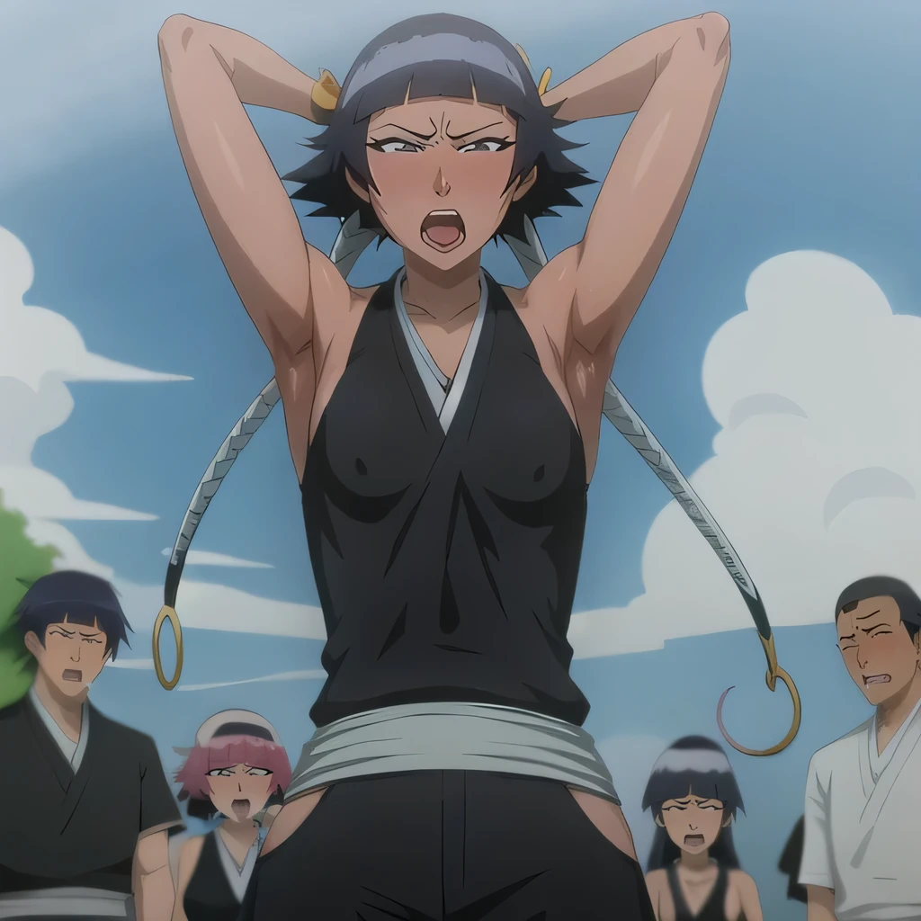 ( Animation screenshots:1.1),outdoor, Nipples exposed, 1 woman, alone, black hair, side breasts,eternal, short hair with long locks, japanese clothing, - Hip vents, no underwear,short hair, small breasts, (white eyes:1.1),No eyeballs, Also available in black, no headgear,low double braids,facing the audience, looking at the audience, tired, from below, (Exposed armpit:1.1), ((armpit:1.2)), Sexy, Sweat dripping, More and more sweat,(ahegao), (Roll your eyes), naughty face, blush, open mouth, Sticking out tongue, saliva, Slobber,Runny nose,skinny, raise arms, (arms above head:1.5)