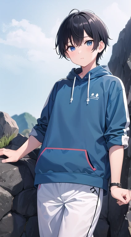 male, Curious and passionate, short black hair, A deep sea blue gaze full of adventurous spirit, Healthy and active body type, Small Inaba White Rabbit Charm, Wearing practical clothing suitable for nature walks and accessories made from local traditional crafts