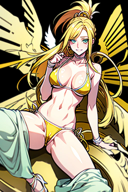 yellow hair, long hair, mint eyes, (((venus_bikini))), sexy, Sexual Intercourse, (cum in pussy),(breast milk), beautiful body, large breasts, wings