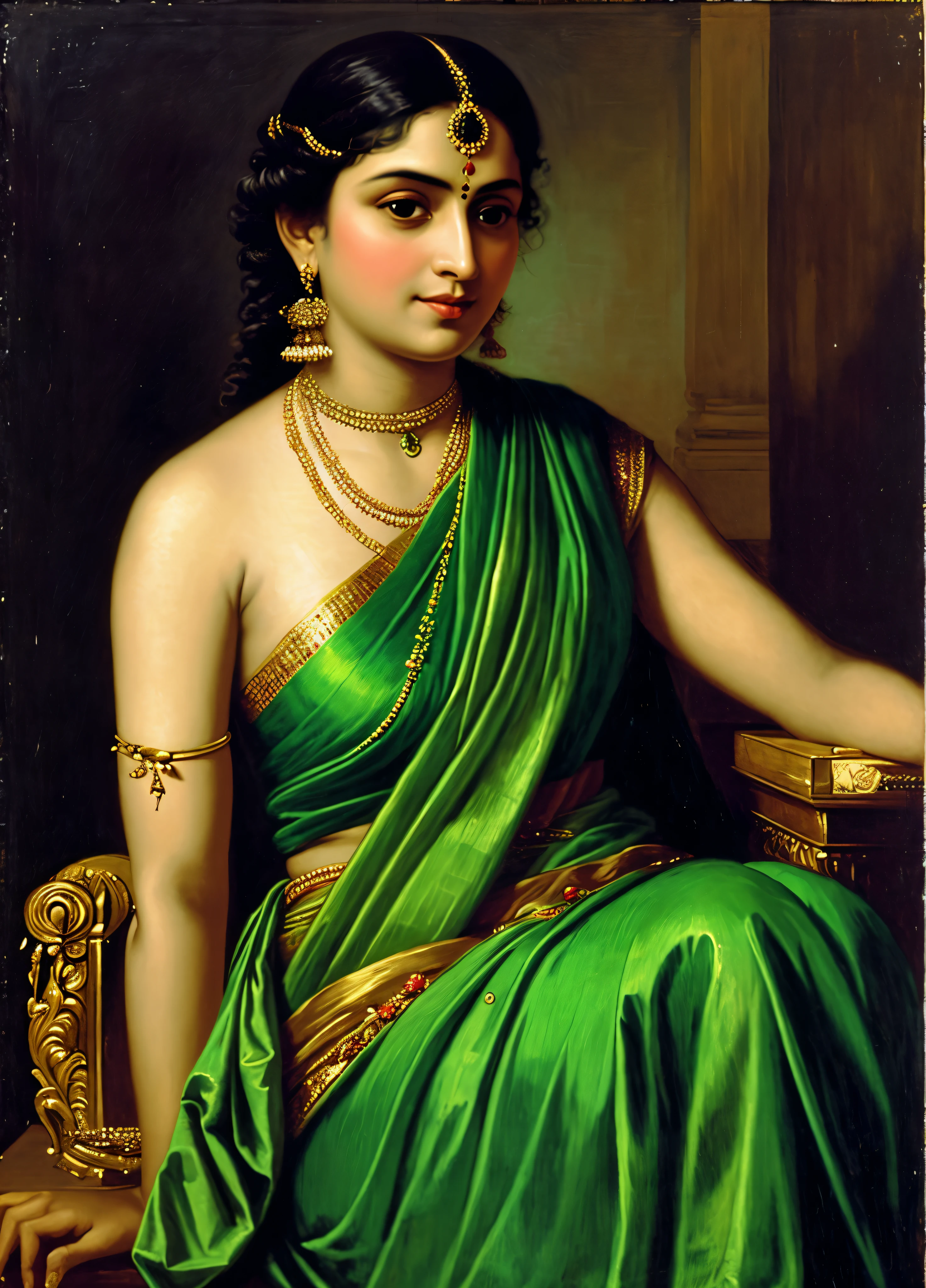 painting of a woman in a green sari, inspired by Raja Ravi Varma, portrait of a goddess, by Raja Ravi Varma, portrait of megara, by Jean-Auguste-Dominique Ingres, by Jean Auguste Dominique Ingres, portrait of a beautiful goddess, portrait of cleopatra