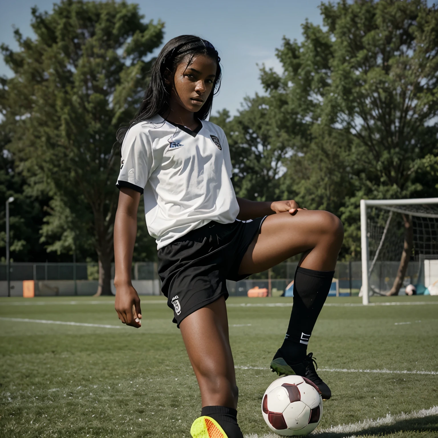 une fille à la peau claire et noire qui joue au football