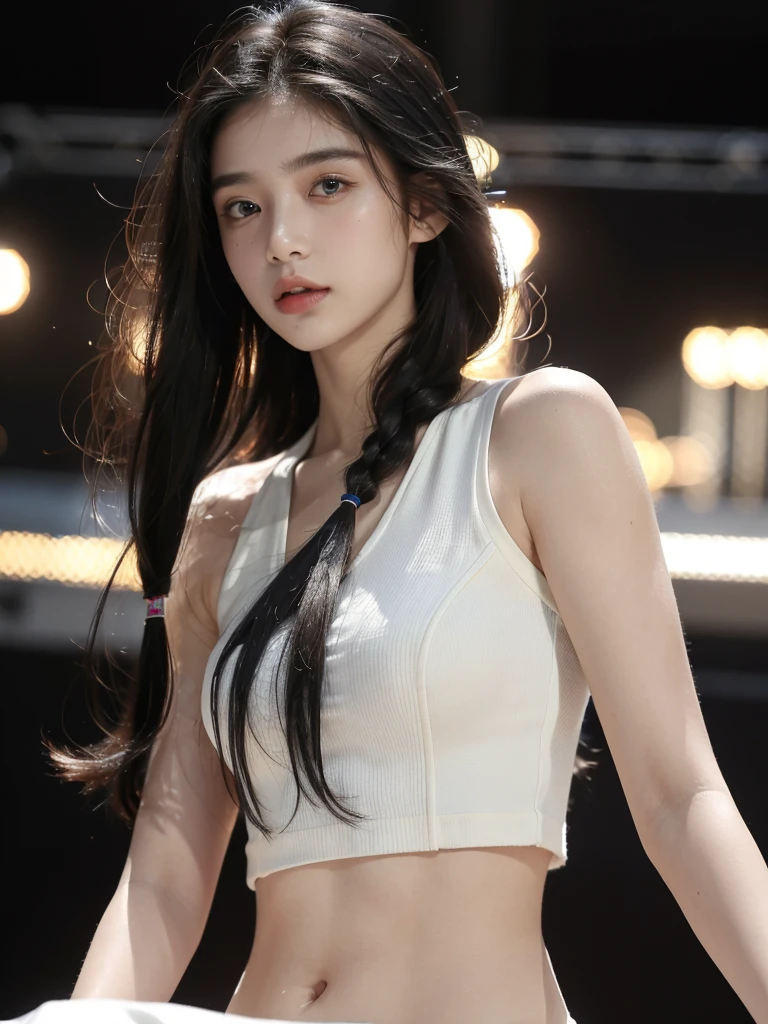 ( masterpiece, top quality, best quality,8k, girl,ultra detailed,raw photo:1.5),(photorealistic:1.4), (Hairstyles,black hair:1.5), (cinematic lighting), PerfectNwsjMajic, , Surrealism, UHD, ccurate, Super detail, textured skin, High detail, Best quality, dynamic angle, White skin,[Beautiful blue eyes], high nose,(1girl),((good anatomy,muted tones:0.5)),(idol kpop,on the Stage),Slim body 