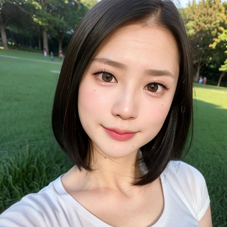(kawaii 24 year-old Japanese girl, Nogizaka idol, Korean idol), healthy female athlete body, (glossy black hair, very short hair, messy hair edge, symmetric short hair:1.3), (bangs), (rounded face, brown eyes, single eyelid, no makeup, soft smiling:1.2), (wearing over-sized t-shirt, skinny jeans:1.3), flat chest, extra small breasts, (looking at viewer:1.2), BREAK, (turf in the park background:1.3), (dynamic angle:1.3), BREAK, (masterpiece, best quality, photo realistic, official art:1.4), (UHD, 8K quality wallpaper, high resolution, raw photo, golden ratio:1.2), (shiny skin), professional lighting, physically based rendering, award winning, (perfect anatomy, highly detailed skin, extremely detailed face and eyes), Carl Zeiss 85 mm F/1.4, depth of field, 1girl, solo,