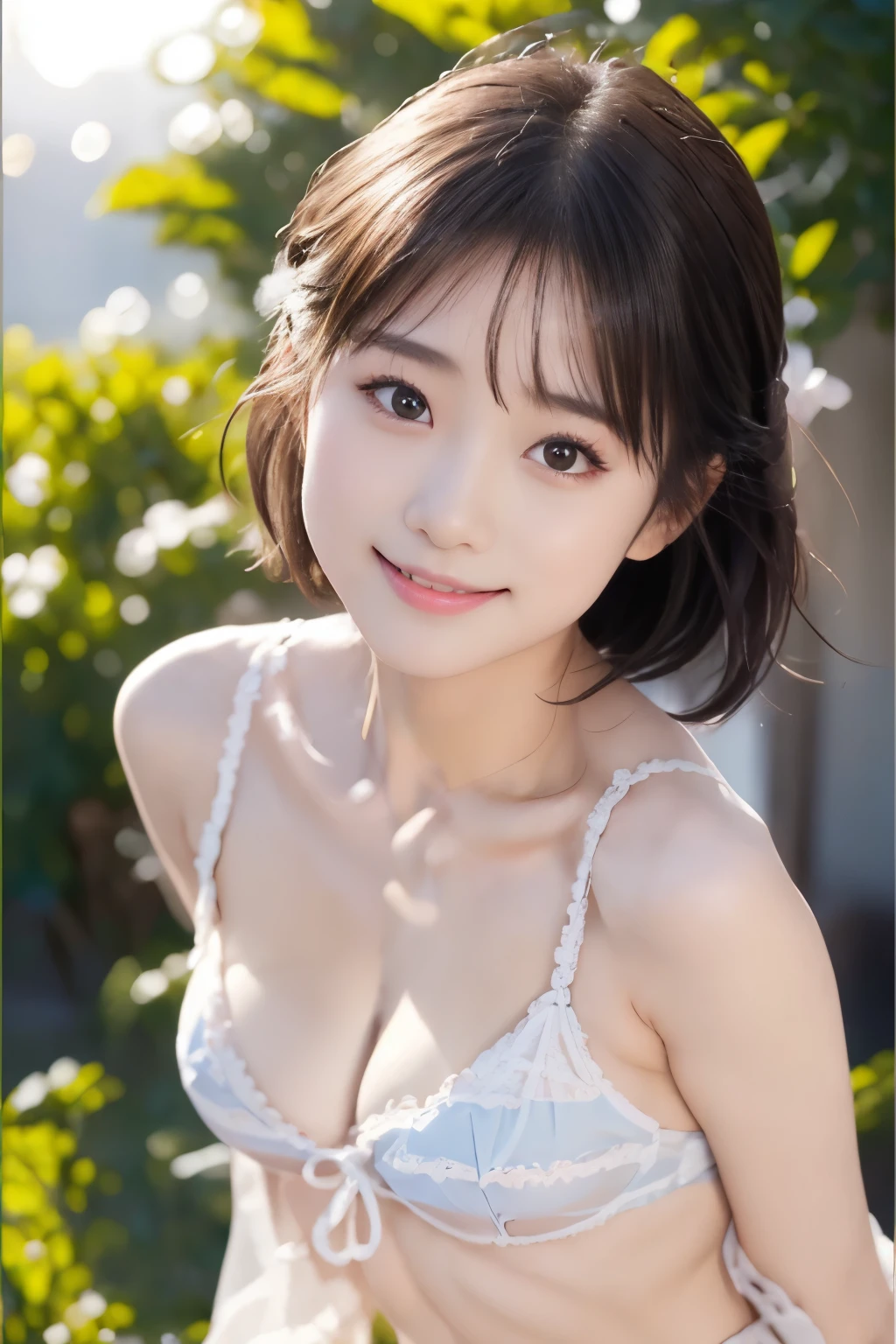 (((masterpiece))), (((full body photo)))，(one beautiful girl, innocence，cute) ，ultra high resolution, reality, Super detailed, 8k,highest quality, very detailed, blurred background,thin，small breasts，(very beautiful japanese girl, detailed face:1.3), (short black hair :1.4), (*********，cute type,adorable girl), (perfect body:1.1),((white micro bikini))、rosy cheekest smile,Super detailedな顔、detailed lipine eyes、sparkling eyes，small gravure idol，transparent skin、lolita，photoreal:1.37、bright sunny day、crystal blue sea、shining sun、shimmering reflections of wavefronts、cold sea breeze、In the water、naked,naked,Ocean、summer、