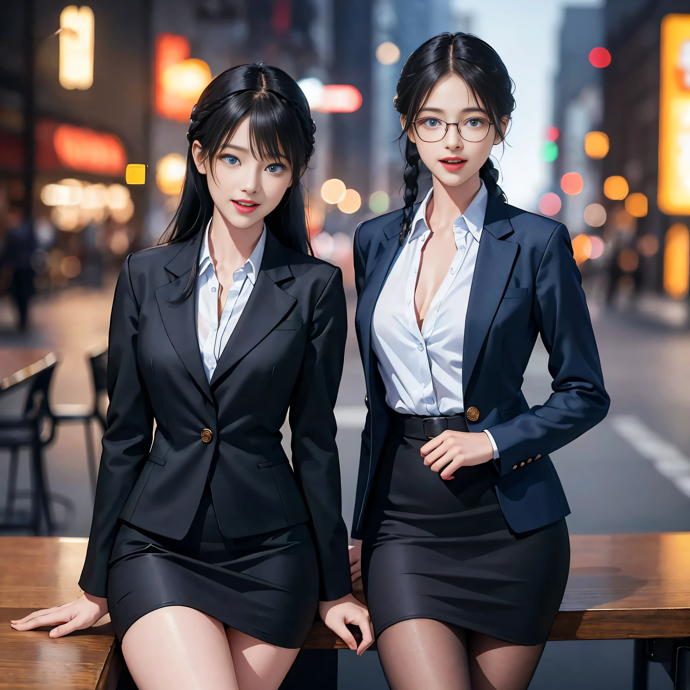 black hair, blue eyes, long hair,short braided hair,ponytail, Ahoge,OL, happy smile, smile, open your mouth,Black Abyss Glasses, end, black suit jacket, collared jacket, white dress shirt, collared shirt, neckline, button, strap, ID card on neck, black pencil skirt, black pantyhose,stiletto heels,sit cross-legged on a chair,There is a computer on the desk.,touch typing,Make sure the whole body is included in the illustration, break outdoors, city,building street, break looking at viewer, (cowboy shot:1.5), break (masterpiece:1.2), highest quality, High resolution, unity 8k wallpaper, (shape:0.8), (fine and beautiful eyes:1.6), highly detailed face, perfect lighting, Very detailed CG, (perfect hands, perfect ),