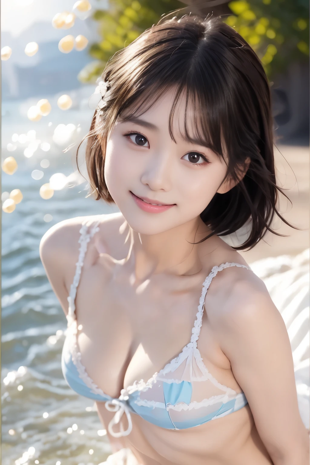 (((masterpiece))), (((full body photo)))，(one beautiful girl, innocence，cute) ，ultra high resolution, reality, Super detailed, 8k,highest quality, very detailed, blurred background,thin，small breasts，(very beautiful japanese girl, detailed face:1.3), (short black hair :1.4), (baby face，cute type,adorable girl), (perfect body:1.1),((white micro bikini))、rosy cheekest smile,Super detailedな顔、detailed lipine eyes、sparkling eyes，small gravure idol，transparent skin、****ta，photoreal:1.37、bright sunny day、crystal blue sea、shining sun、shimmering reflections of wavefronts、cold sea breeze、In the water、naked,naked,Ocean、summer、