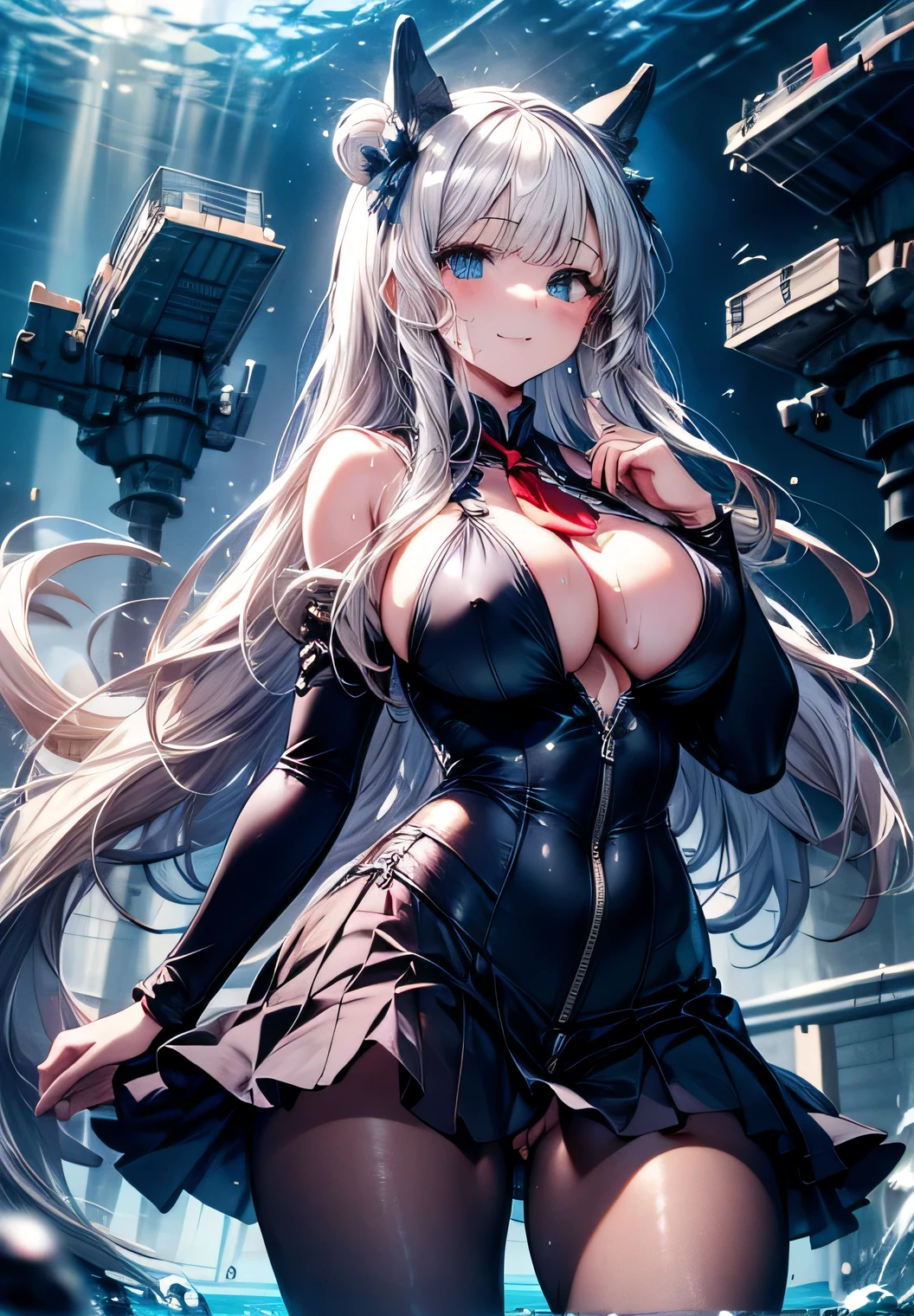  Anime Illustration、Highest image quality、A   idol shows off her  on an underwater stage、Aircraft Carrier Wo-class、perfect proportions、Overwhelmingly  beyond the norm、thick legs with fat、big 、Beautiful shining eyes、cowboy shot、smile、get into heat、、exposing 、、Detailed depiction of the 、sweating