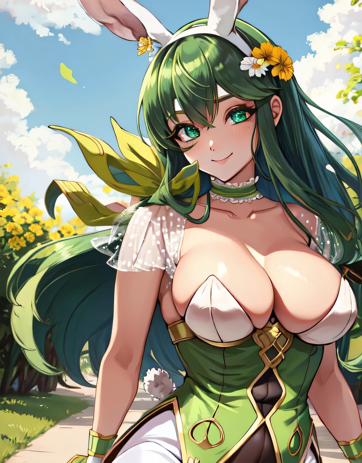 palla_easter,long hair,hair ornament,animal ears,deep cleavage,flower,pantyhose,hair flower,rabbit ears,leotard,fake animal ears,playboy bunny,white pantyhose,(large breasts:1.5),(shiny,hair),((solo)),((masterpiece)),((best quality)),perfect anatomy,slim waist,perfect image,8k UHD,(beautiful detailed eyes:1.5),extremely detailed face,standing,(upper body:1.2),(look at the front:1.5),(arms behindback:1.2),ultra-detailed,absurdres,highres,outdoors,smile,light green hair,(green eyes),