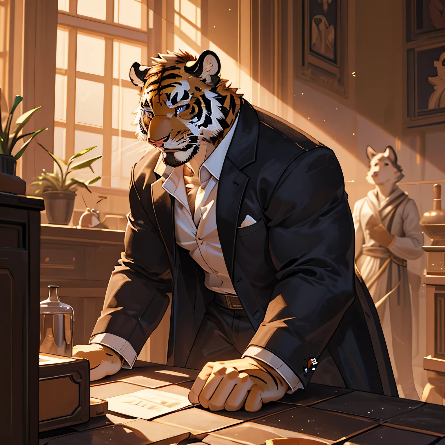 individual,best picture quality,perfect face,bandit,There are hideous scars on the face,strong,muscle(Perfect muscle),Disheveled,Chest leakage,There is a longer scar on the chest,sexual tension,big bag,fierce expression,There is no morality,A look of disdain,tiger,sexy,Strong