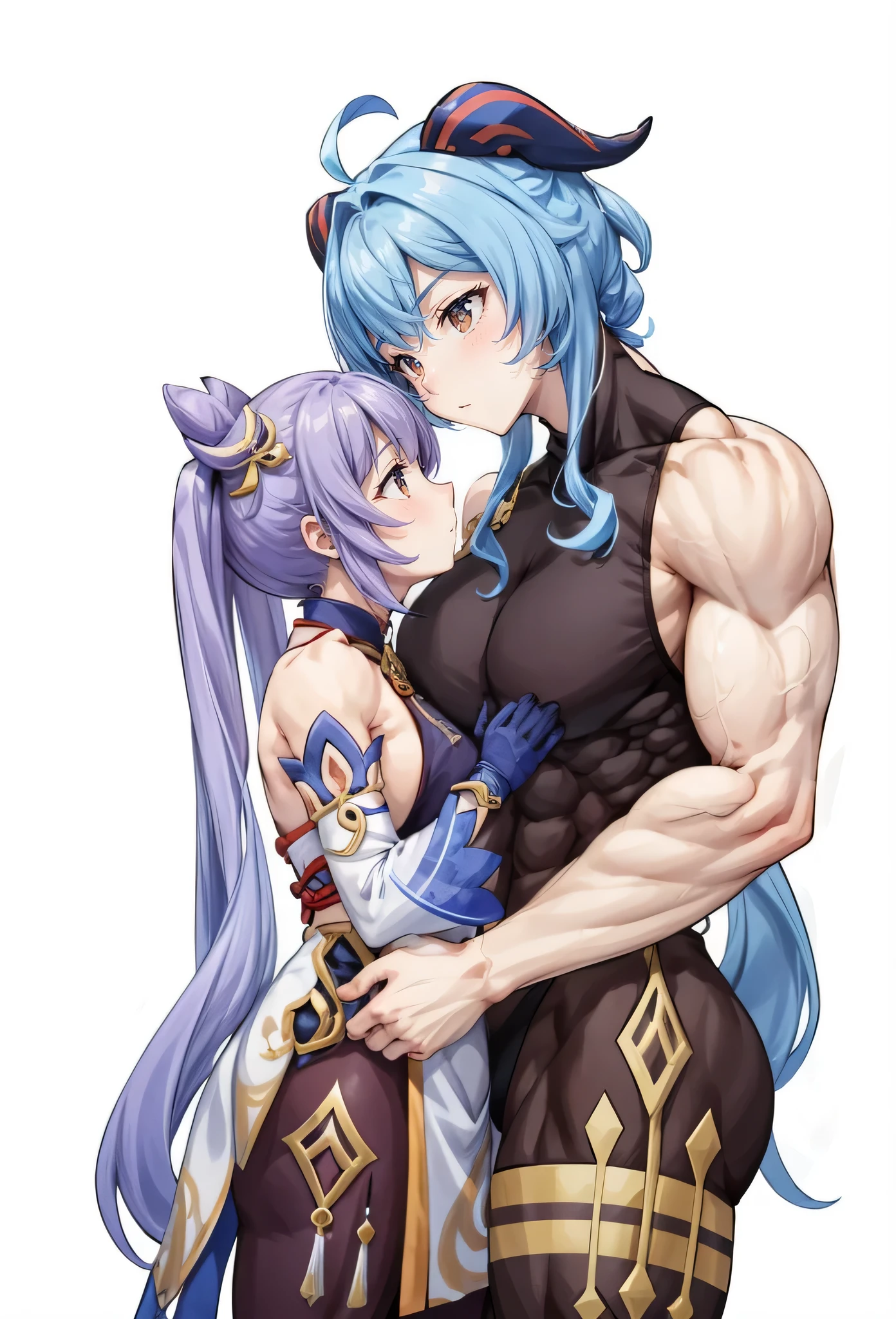  muscular female,  biceps, , height difference, 2girls, ganyu keqing (genshin impact), muscular