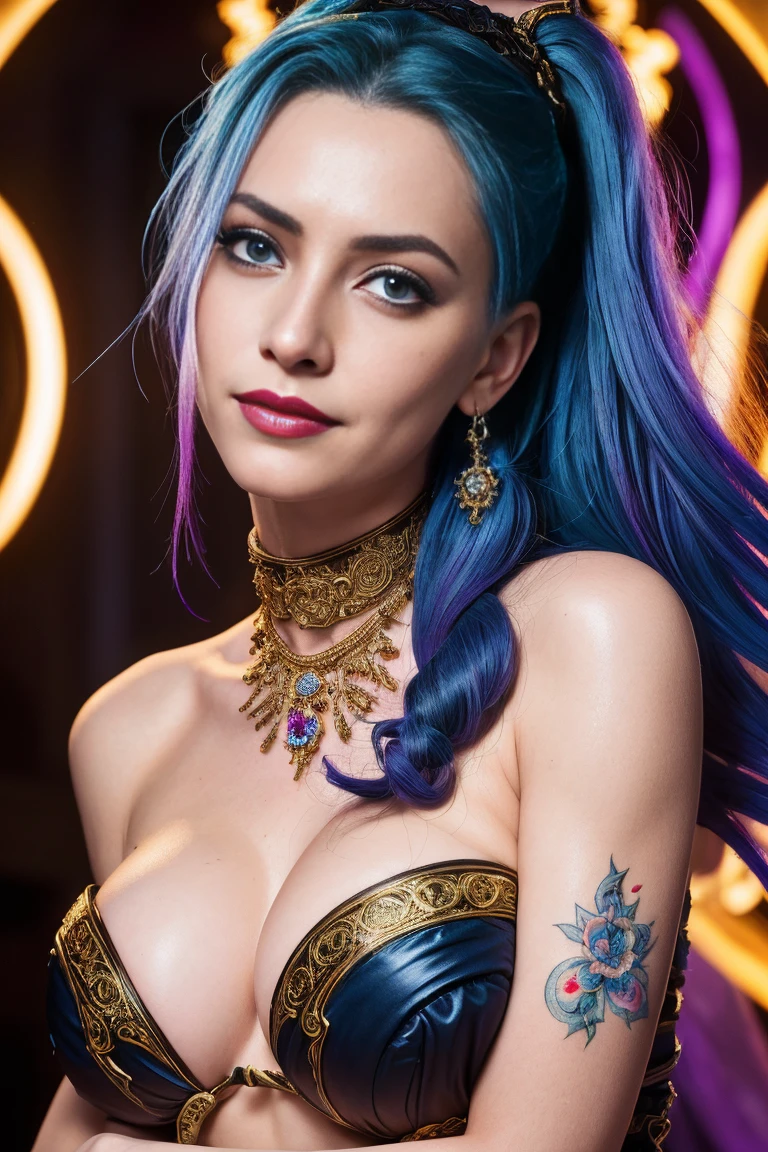 Masterpiece, Jinx from Arcane, intricately detailed background, (UHD, 8K wallpaper, High resolution), Cinematic lighting, award-winning, extremely detailed skin, extra detailed face, high detail eyes, photo-realistic, Zeiss 85 mm F/1.4, by Ellen von Unwerth