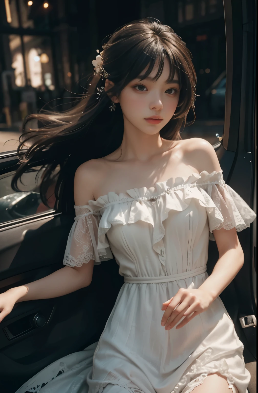 (8k, RAW photo: 1.2), highest quality, ultra high resolution, full body, (fluttering detailed color splash), (illustration), (one girl))), (long hair), (rain: 0.9), (hair ornament: 1.4), there is an ancient palace beside a woman, dress, (focus), color ink wash painting, (color splash), colorful splash, ( Colorful))), (sketch: 0.8), masterpiece, highest quality, beautifully painted, highly detailed, (noise removal: 0.6), [splash ink],((ink refraction),(beautiful detail sky),moon,high,detail,(masterpiece, best quality, highly detailed cg unity 8k wallpaper,masterpiece, best quality, super detail),(Lycoris radiata)