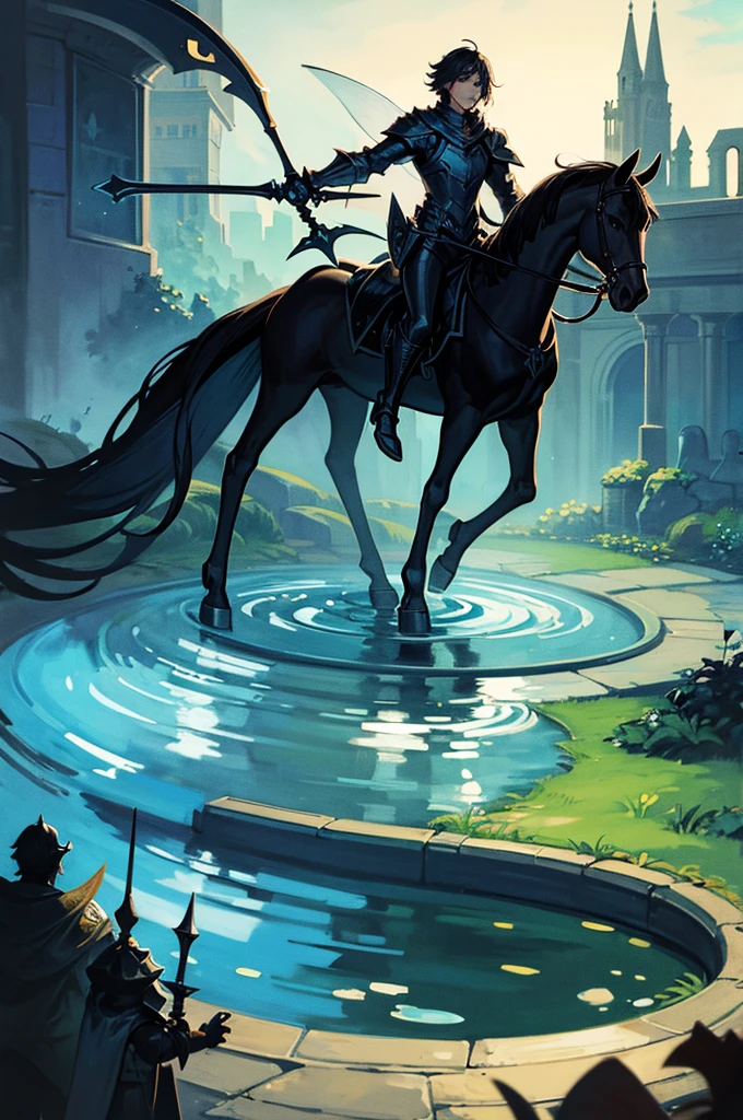 Illustration for a fairy tale about a frog knight standing near a fountain with a black sword on a black horse.