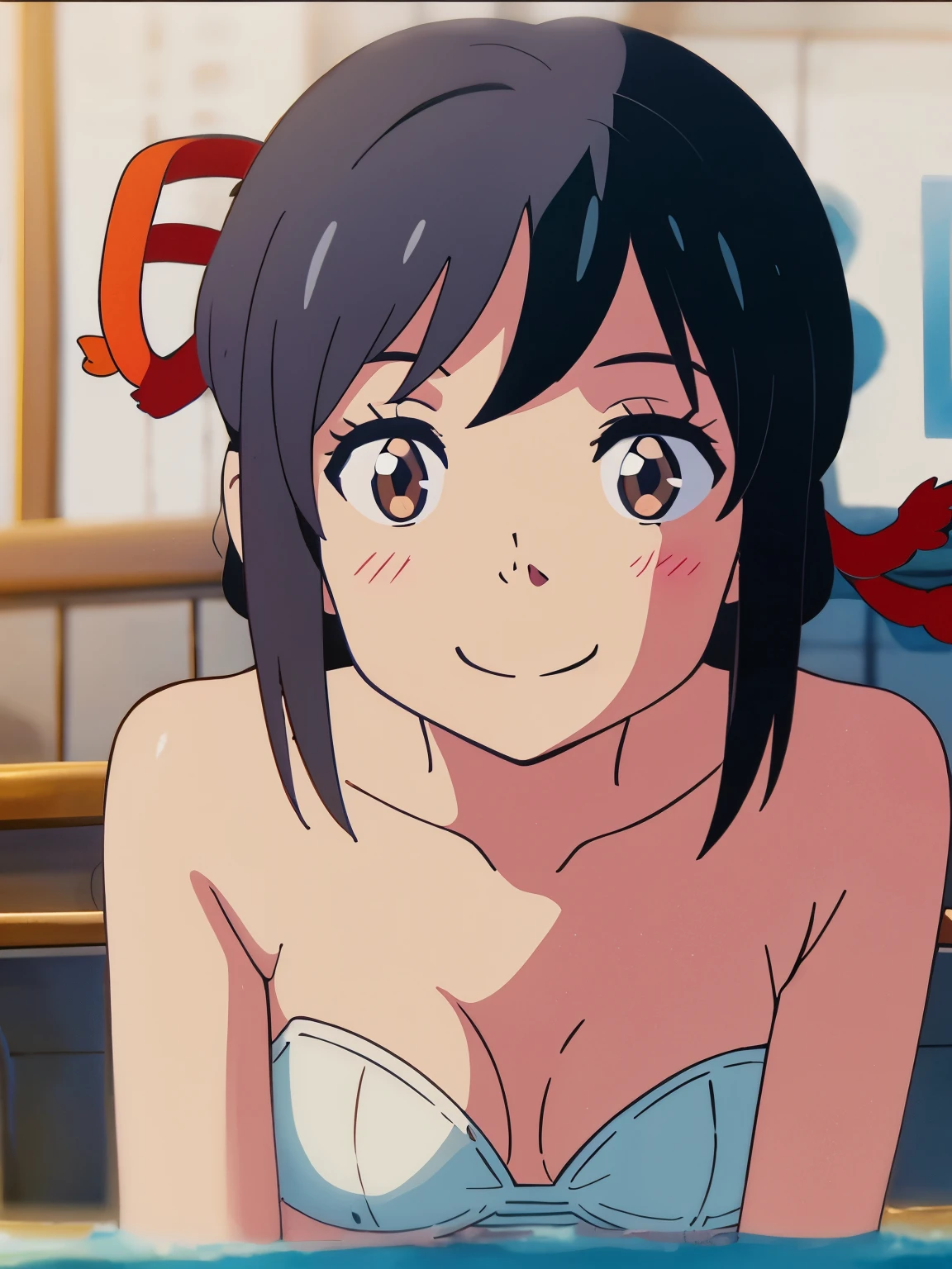 best quality、High resolution、Detailed background、Beautiful and detailed face、beautiful smooth skin、texture、professional lighting、Fair十幾歲的女孩、Fair 、small 、
酒店里有一个很大的hot spring、hot spring、White Thin Strapless 、White thin 、Soaked all over、
campus trip、Touch one jokingly'Body、 expression、laughter、Smile、展示整个Body，red headband
