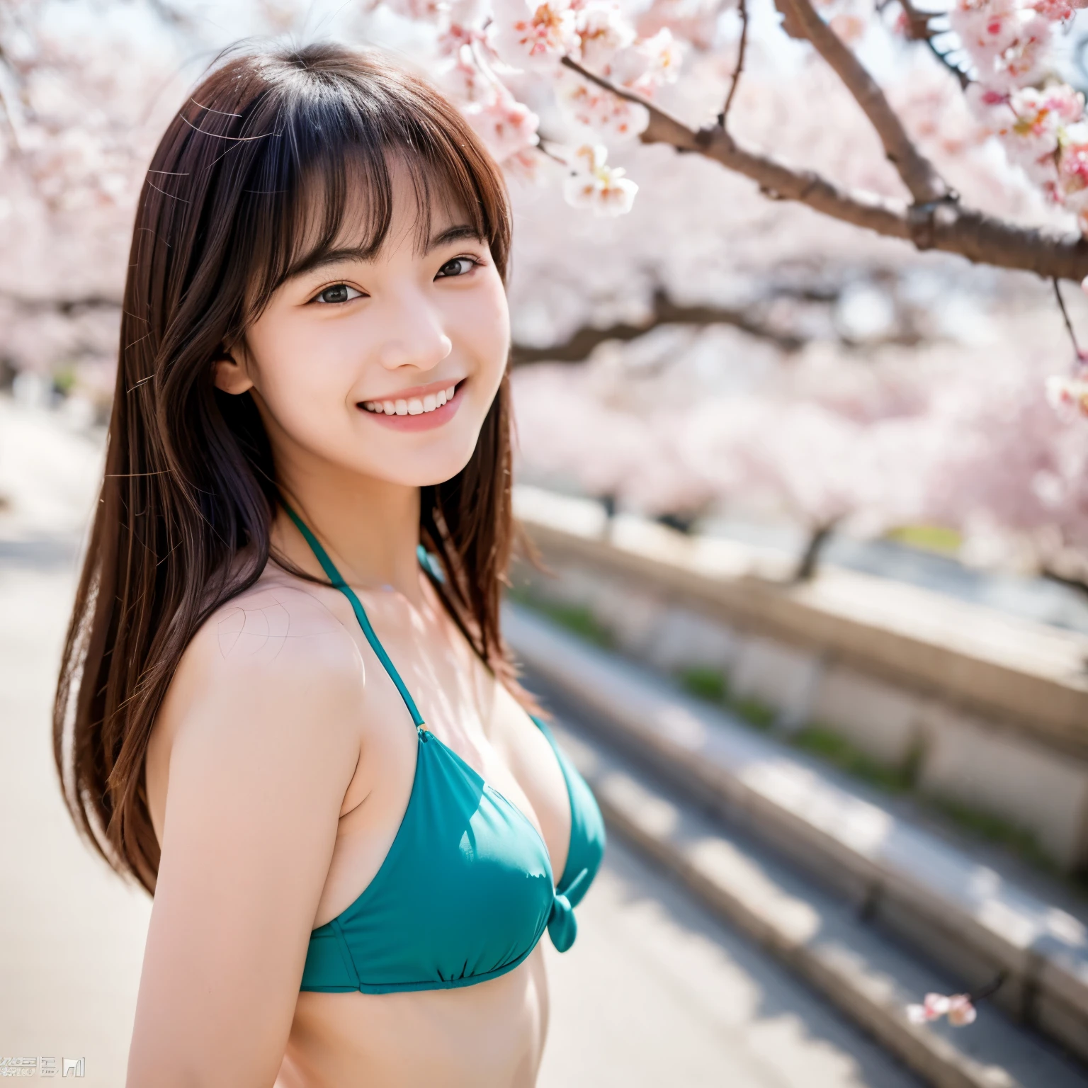 Cute face like an 18-year-old idol　smile gently　Bikini figure　Slightly larger 　Walking along the beautiful cherry blossom trees　Raw photo　genuine