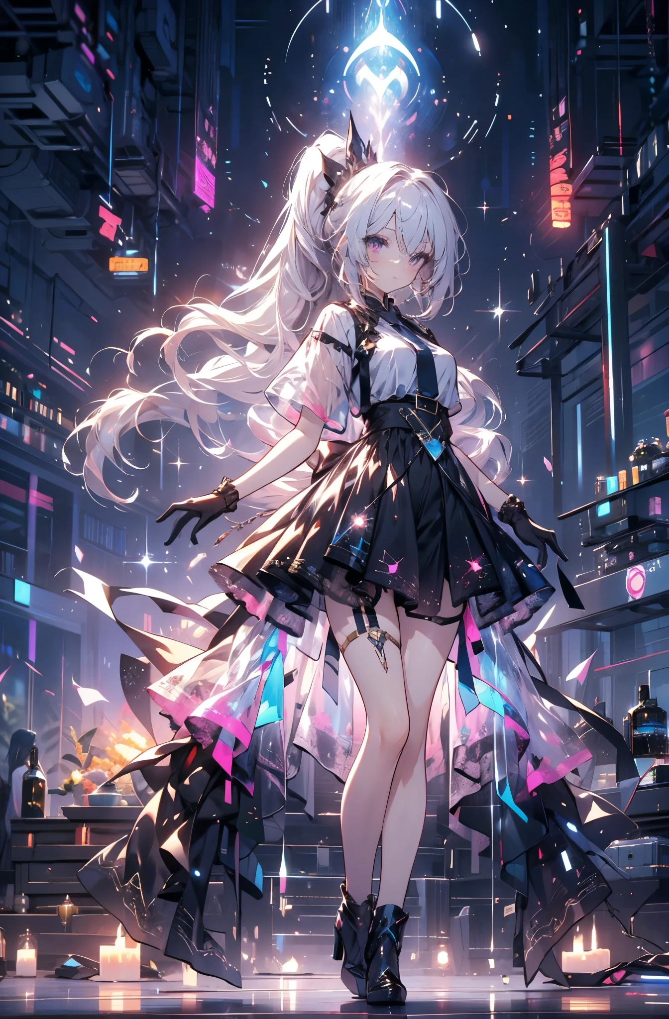 best quality, absurd, Super detailed, holographic,, dynamic poses, golden ratio, 超级Lovely女孩, mature girl, extremely beautiful,，With super beautiful purple eyes, Super beautiful white hair, shiny skin, high ponytail, Good and harmonious , Slender and delicate figure, Perfect body, Wearing a short white top, Lovely，Full body shot，long hair，high-heel boots，black skirt, short sleeves，messy hair, black gloves, white socks,Fade the background,Full body photo of the individual,cartoon，t-shirt，Eyes with highlights，High heel