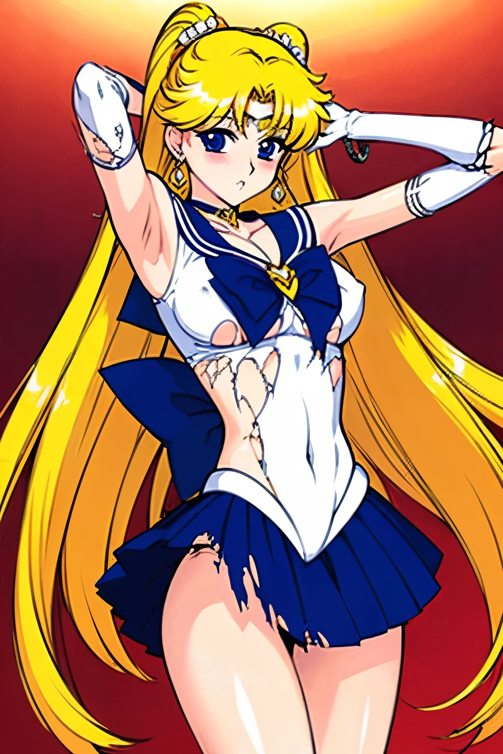 best quality,masterpiece,1igrl, solo, (torn clothes:1.3), ecchi anime style, blush, in subway, 
Sailor Venus, Minako Aino, (elbow gloves, neck ribbon, long  hair, circlet, jewelry, flower earrings), hairband behind head