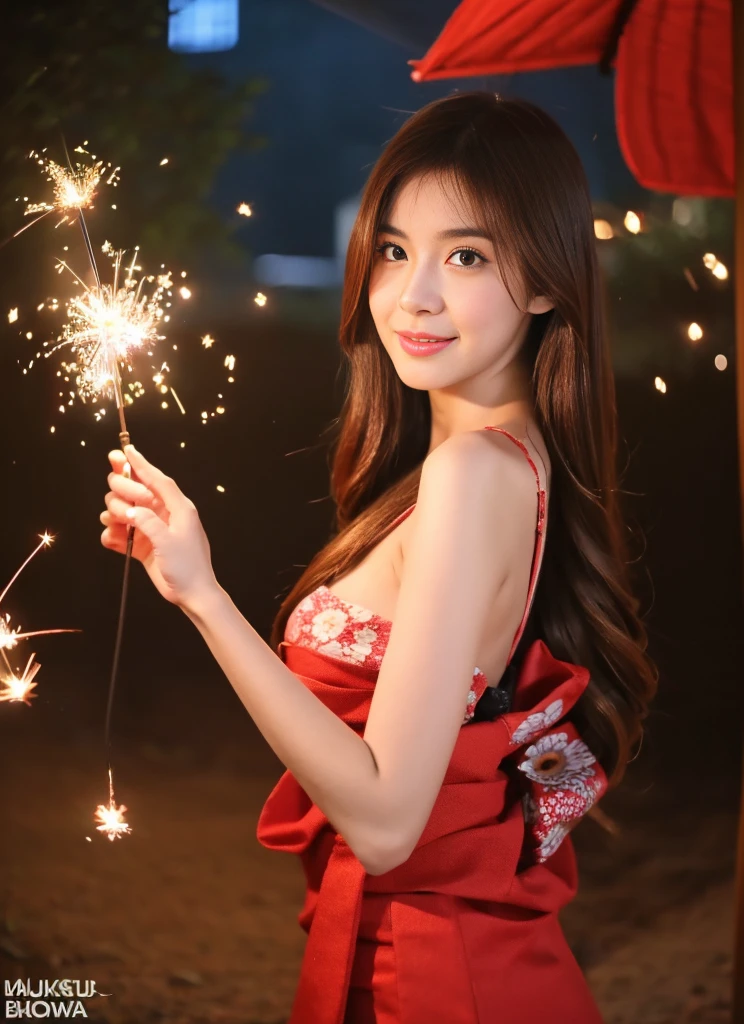 (best quality, 4K, masterpiece :1.3), detailed, beautiful, insanely detailed, absurdres, perfect anatomy, Thai beautiful girl, 22 years olds, (slender), (big breasts:1.0), Super detailed face, Detailed lips, wear glasses, long light brown hair, wear red flower yukata, playing with sparklers, in the night of Japanese festival. Background is a Japanese festival in asakusa temple, full body shot, random pose.