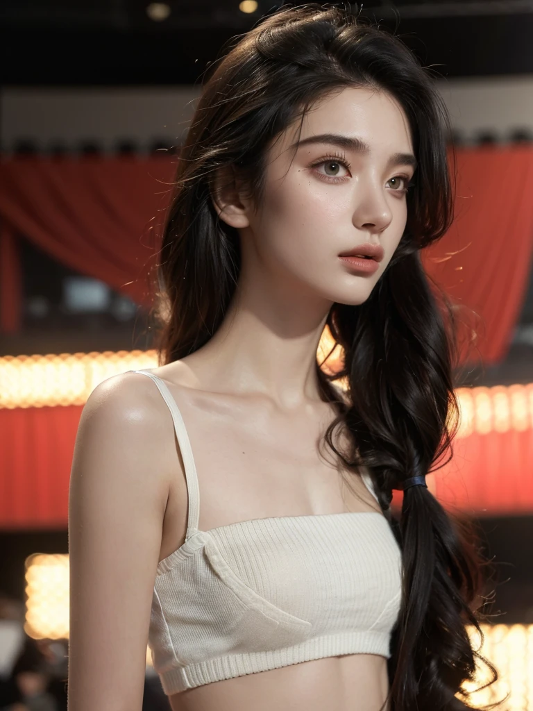( masterpiece, top quality, best quality,8k,17 years old girl,ultra detailed,raw photo:1.5),(photorealistic:1.4), (Hairstyles,black hair:1.5), (cinematic lighting), PerfectNwsjMajic, , Surrealism, UHD, ccurate, Super detail, textured skin, High detail, Best quality, dynamic angle, White skin,[Beautiful blue eyes], high nose,(1girl),((good anatomy,muted tones:0.5)),(makeup, idols,on the Stage),Slim body 