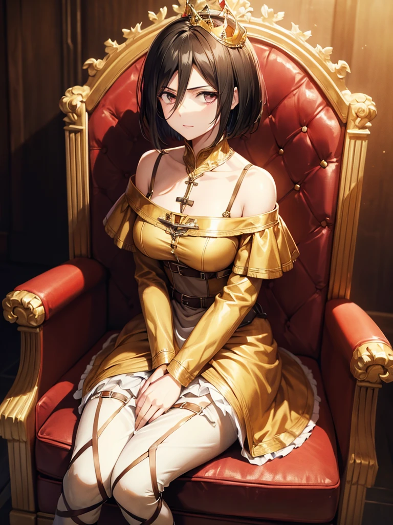 mikasa ackerman, wearing a golden western wedding off the shoulder dress, sitting on a throne, crown on head, elegant, ultra high quality, 4k, wallpaper, full body picture