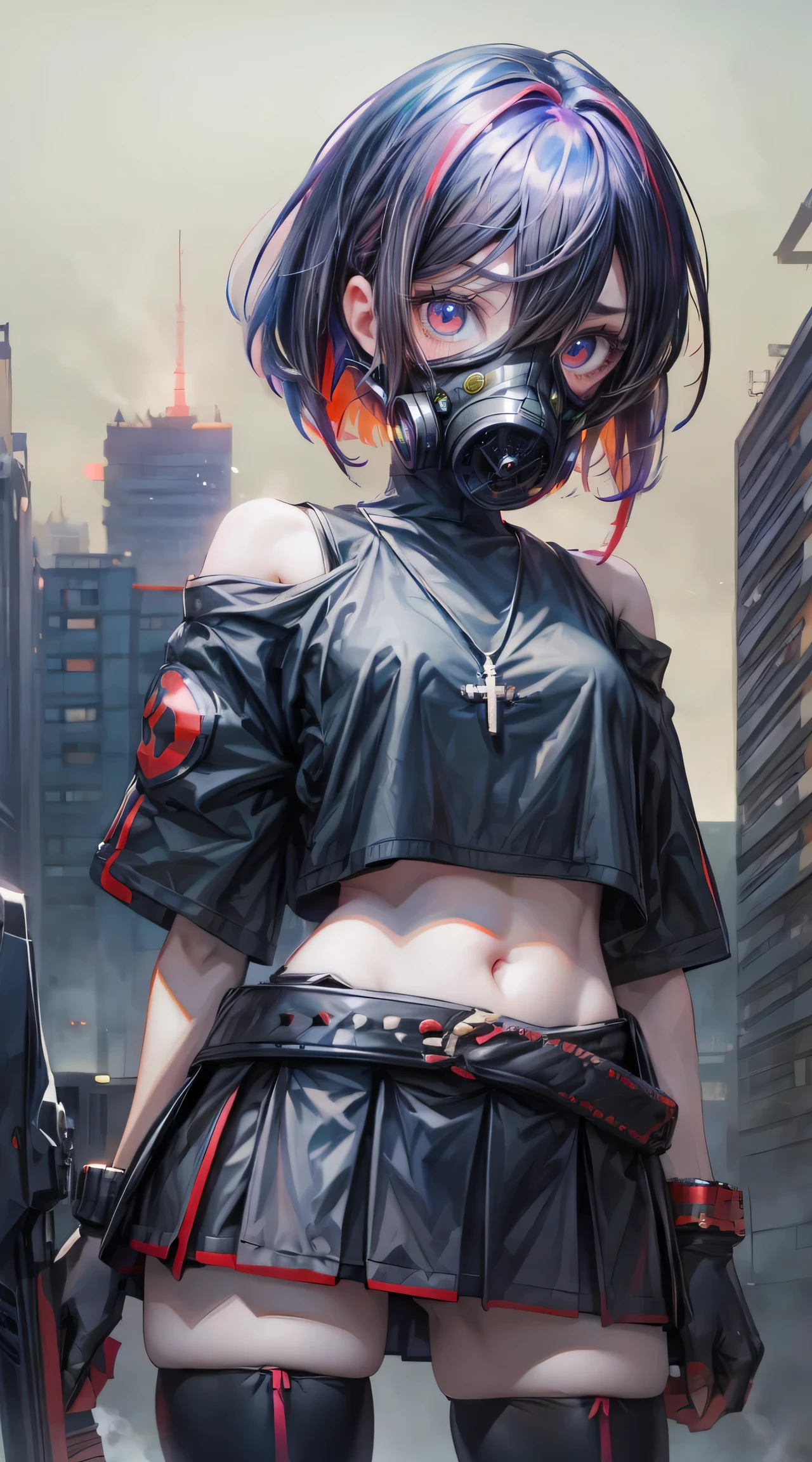 (masterpiece, highest quality),(anime touch) ,futuristic, black gas mask,The glass over the eyes of the gas mask is purple., Metal T-shirt,The navel is visible, One shoulder is visible,black mini skirt,Black knee-length stockings,neon accents, Snazzy, stylish, perfect slim fit body, (((red eyes))),medium chest,Black bob hair,4 strands of red mesh hair color ,choker, bracelet, A thick metal belt hanging down to the side,Cross necklace around the neck,cityscape, standing pose, contrasting, dynamic lighting