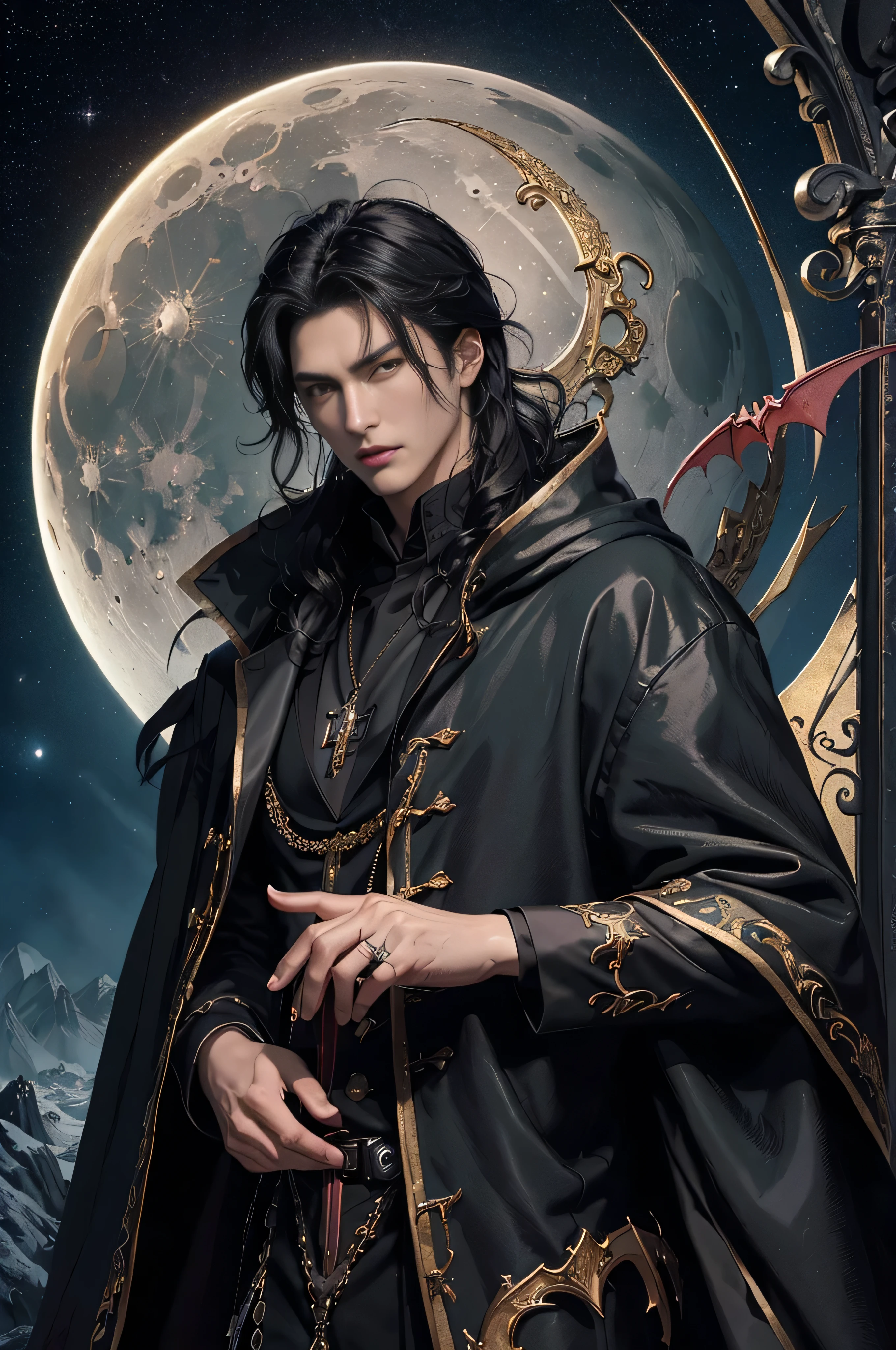 (masterpiece、top-quality、top-quality、Detailed and complex、official art、aesthetically pleasing:1.3)、(1 blackhaired male vampire in:1.3)、(Lee Min Ho look) (realistic art:1.3)、black coat, white shirt, gold accessories, gothic castle background. Moon and stars background, curly black hair, serious angry expression, small beard
