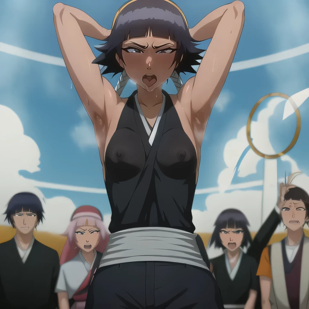 ( Animation screenshots:1.1),outdoor, Nipples exposed, 1 woman, alone, black hair, side breasts,eternal, short hair with long locks, japanese clothing, - Hip vents, no underwear,short hair, small breasts, (white eyes:1.1),No eyeballs, Also available in black, no headgear,low double braids,facing the audience, looking at the audience, tired, from below, (Exposed armpit:1.1), ((armpit:1.2)), Sexy, Sweat dripping, More and more sweat,(ahegao), (Roll your eyes), naughty face, blush, open mouth, Sticking out tongue, saliva, Slobber,Runny nose,skinny, raise arms, (arms above head:1.5)