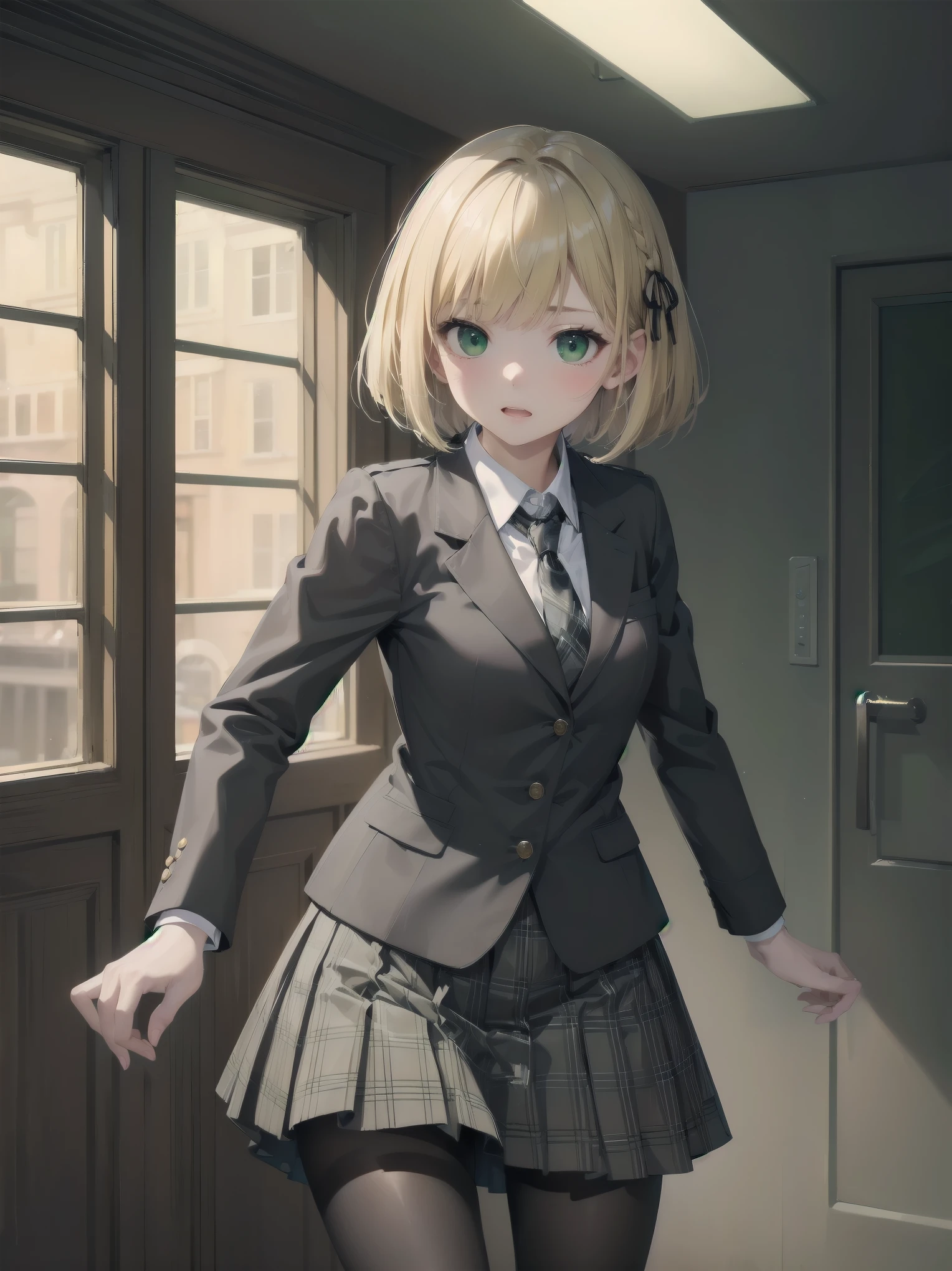 Top-High quality、Highest image quality、masterpiece、high contrast、Elegant、erotic expression、high school girl、blonde、Bob cut braids、uniform、(brown blazer)、ribbon tie、(Green and gray plaid skirt)、(black tights)、cinematic lighting、fine shading、cute、Truly unbelievably cute absurd、outside、outside苑