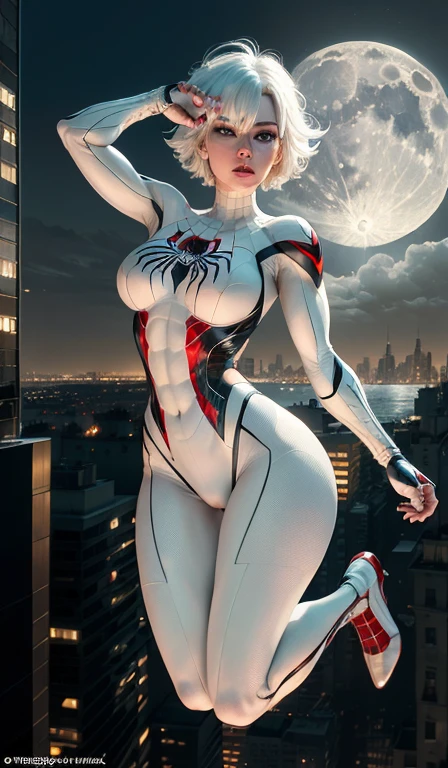 (Masterpiece, 4k resolution, ultra-realistic, very detailed), (White superhero theme, charismatic, there's a girl on top of town, wearing Spider-Man costume, she's a superhero), [ ((25 years), (short white hair:1.2), full body, (blue eyes:1.2), ((Spider-Man pose),show of strength, jumping from one building to another), ((sandy urban environment):0.8)| (cityscape, at night, dynamic lights), (full moon))] # Explanation: The Prompt mainly describes a 4K painting of ultra-high definition, very realistic, very detailed. It shows a superheroine at the top of the city, wearing a Spider-Man costume. The theme in the painting is a white superhero theme, the female protagonist has long white hair, is 25 years old and her entire body is shown in the painting. In terms of portraying the actions of superheroines, spiders are employed