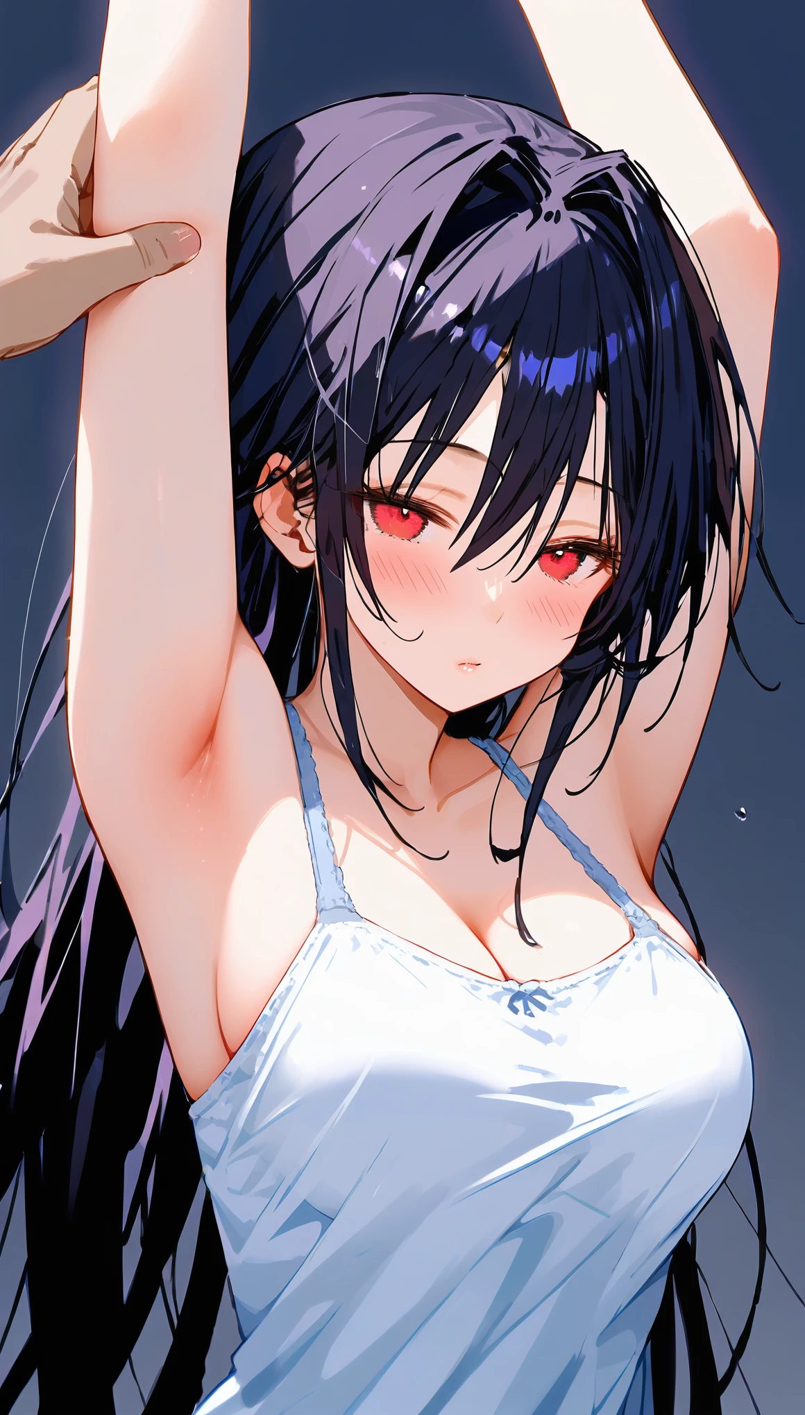 Very detailed eyes and face, Beautiful and delicate eyes, Ridiculous, incredibly ridiculous, File size is huge, Super detailed, high resolution, Very detailed, Dark Fallen Angel Olivia, (Stretching out one's arms and spreading the fingers, one holds up the underwear on their fingers and displays it to the camera:1.8),high ponytail