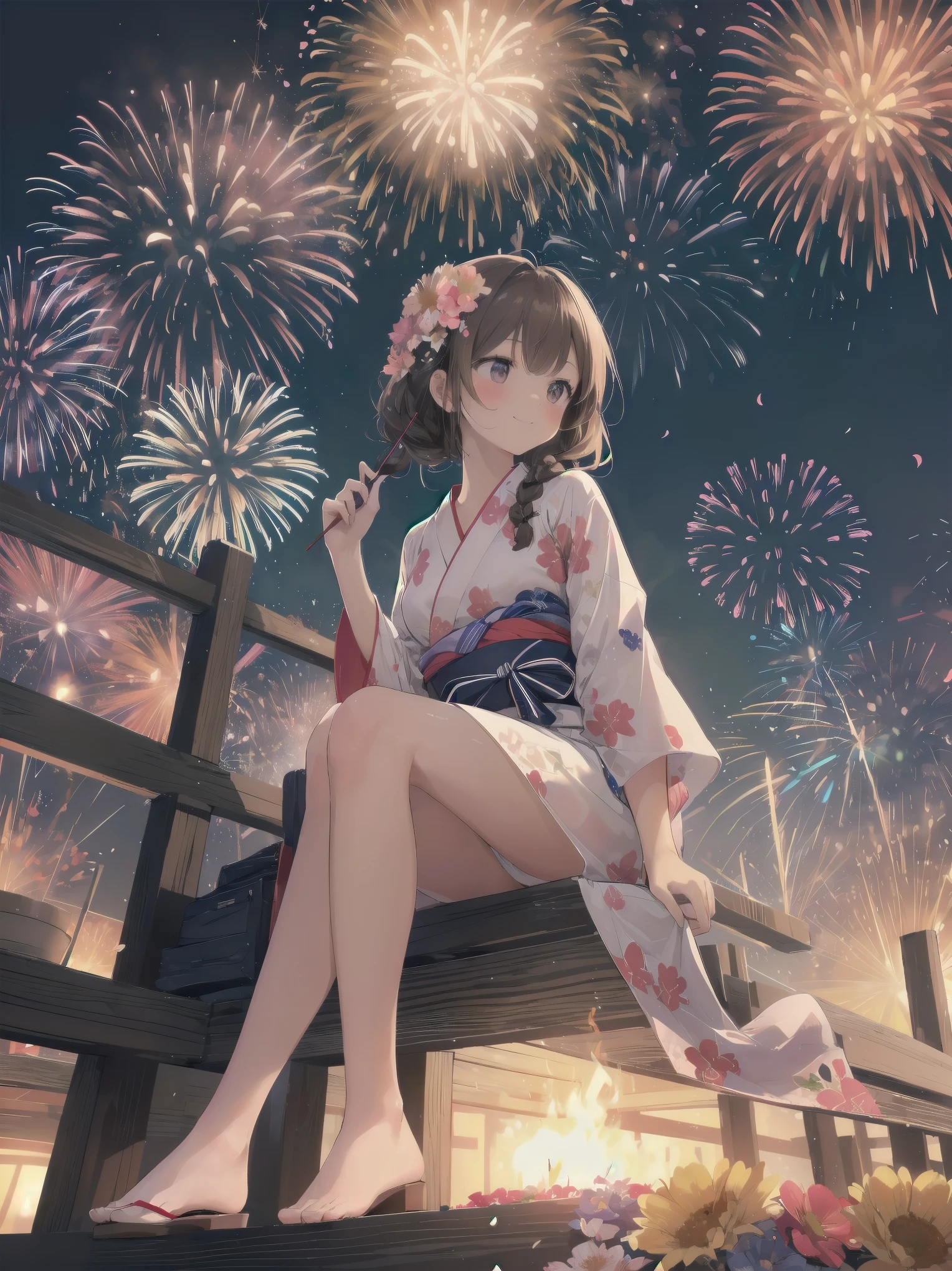 (((Best quality))), (((Ultra detailed))), 1 girl, bedhead, cute, brown hair, braid hair, (festival, night, fireworks), yukata, viewing from below, viewing from side, looking away, smiling, blush, beautiful detailed hair, beautiful detailed skin, beautiful detailed light, shade, ((looking away, viewing from below)), ((looking up)), summer, sunshine (((fireworks, flowers, fire))), ((sitting)), full body, small breasts,